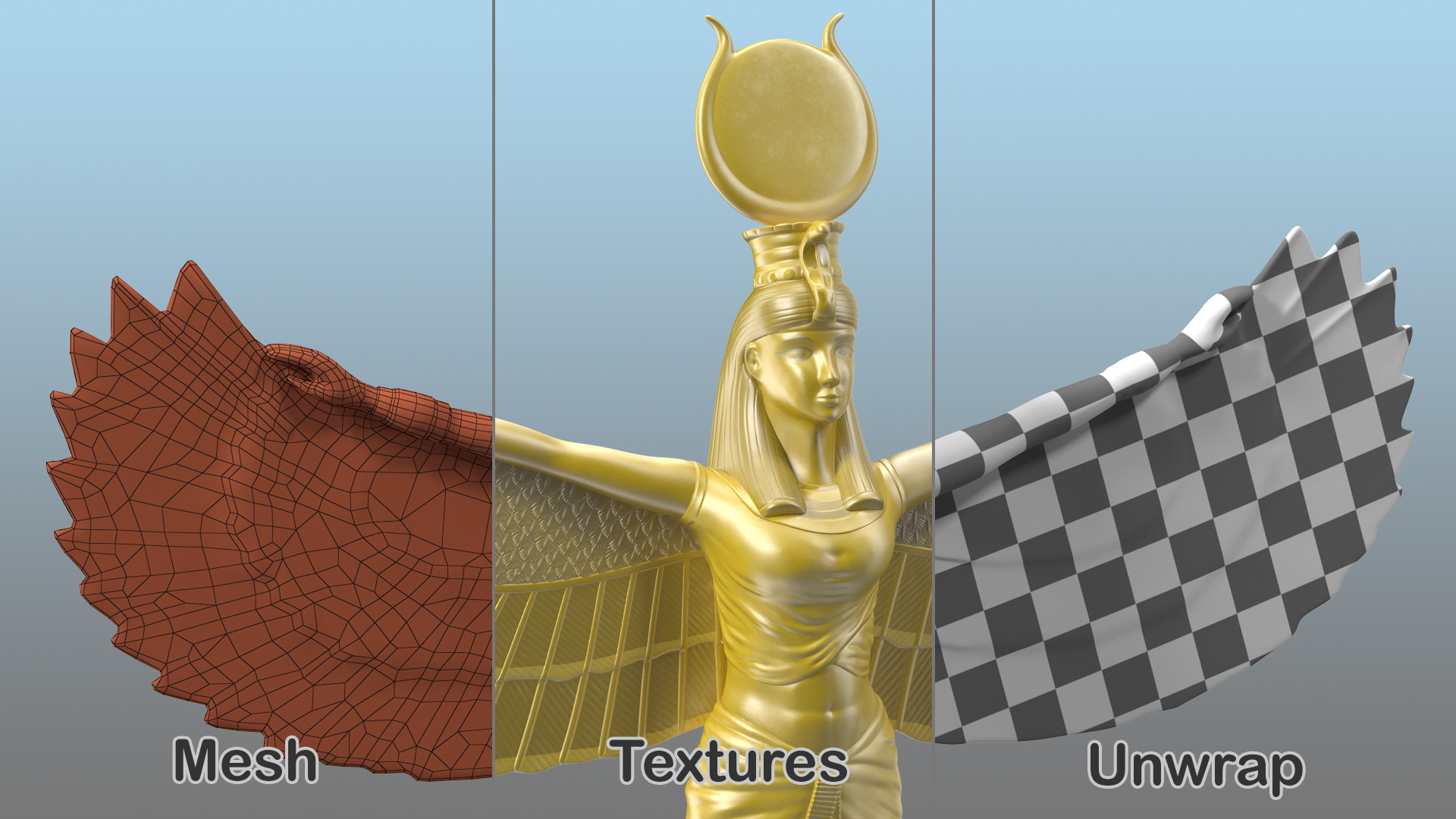 3D Golden Statue of Isis Ancient Egyptian Goddess