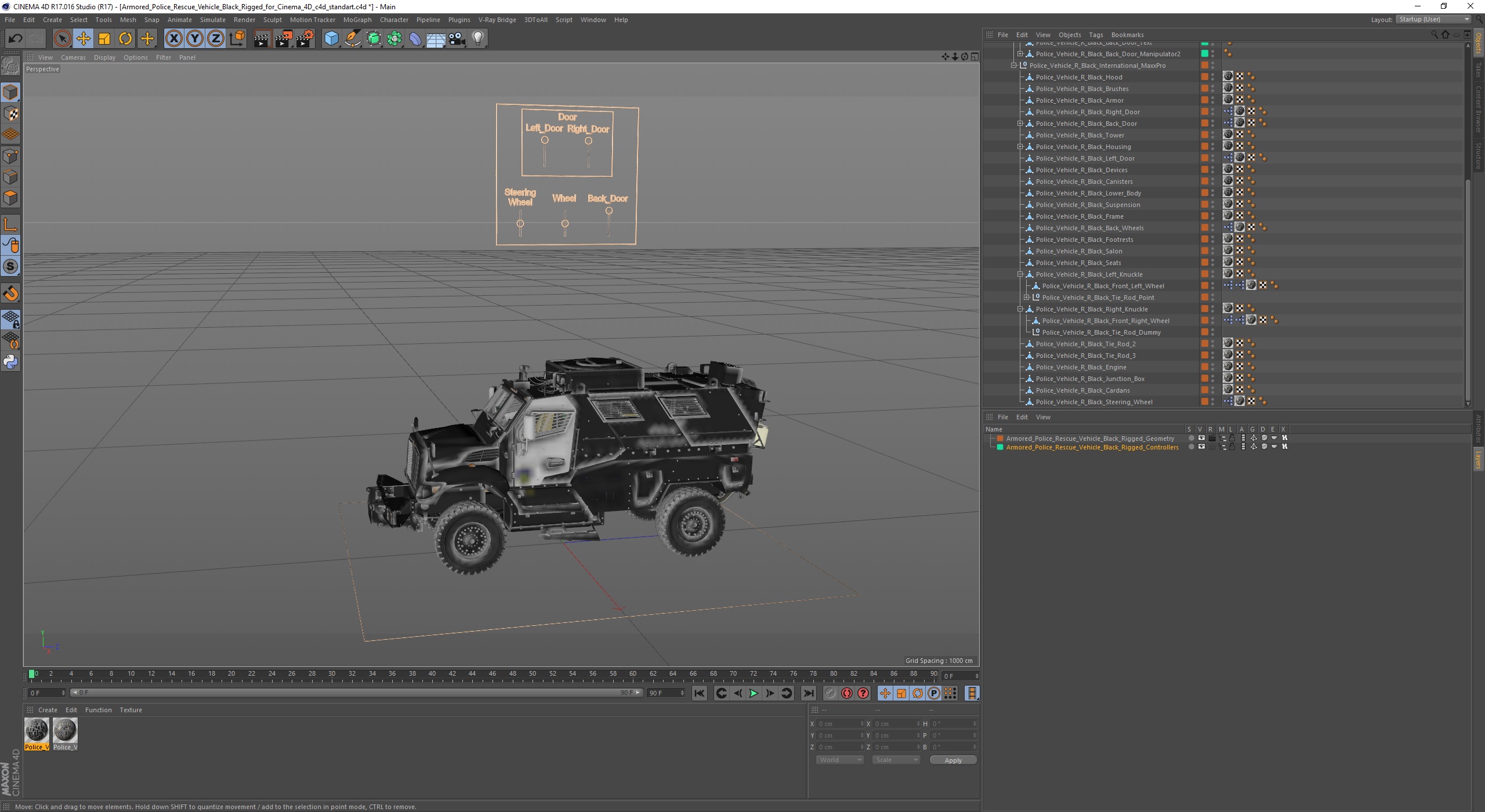 3D Armored Police Rescue Vehicle Black Rigged for Cinema 4D