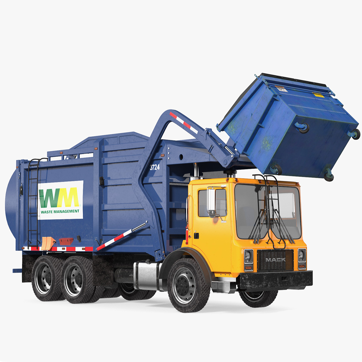 3D Mack Garbage Truck with Dumpster Blue Rigged for Cinema 4D model