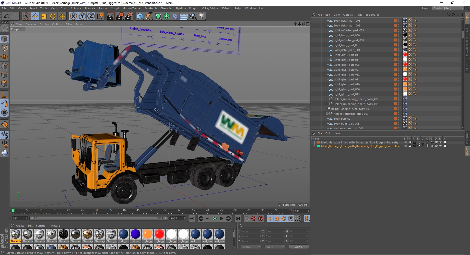 3D Mack Garbage Truck with Dumpster Blue Rigged for Cinema 4D model