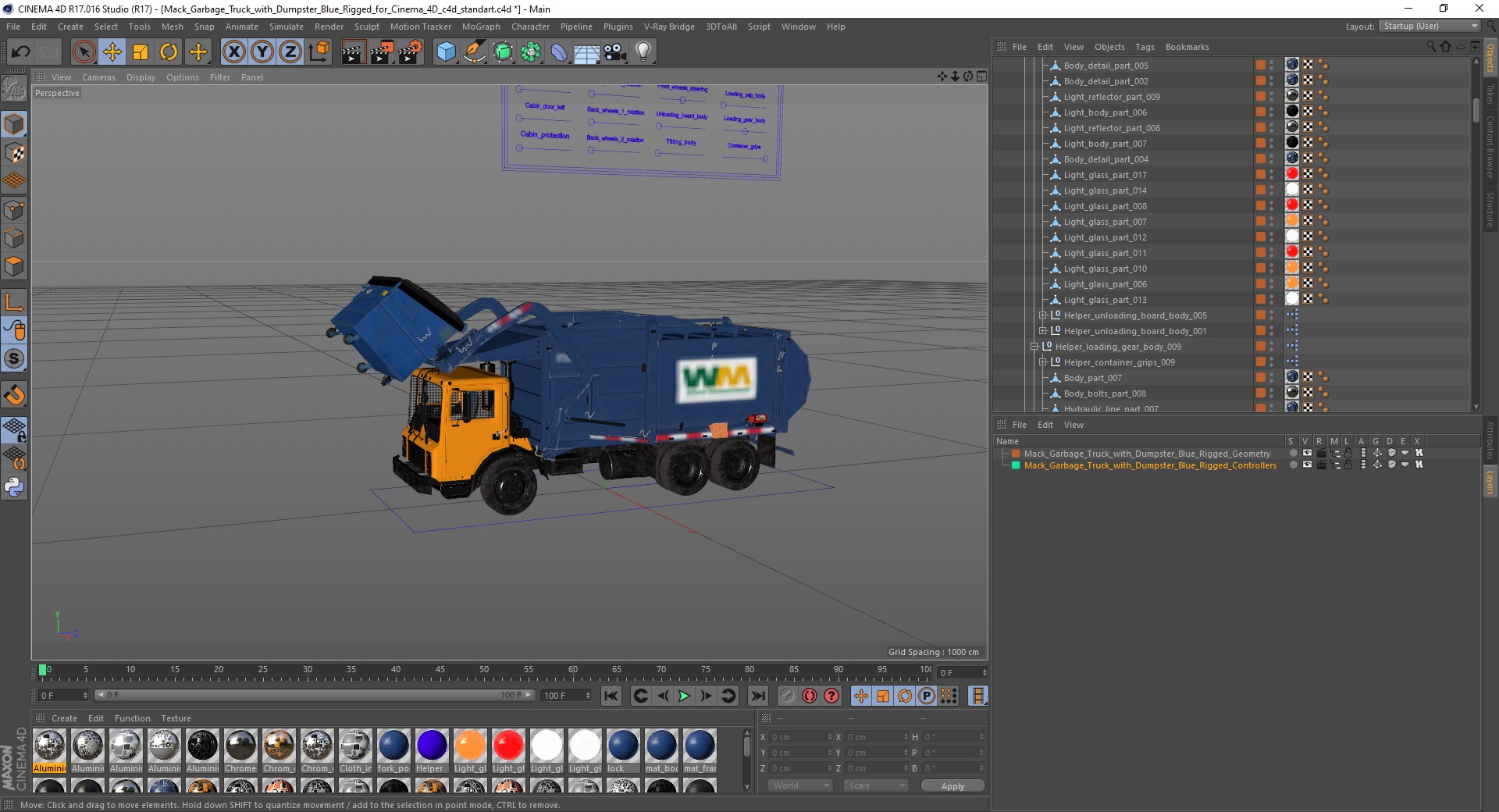 3D Mack Garbage Truck with Dumpster Blue Rigged for Cinema 4D model