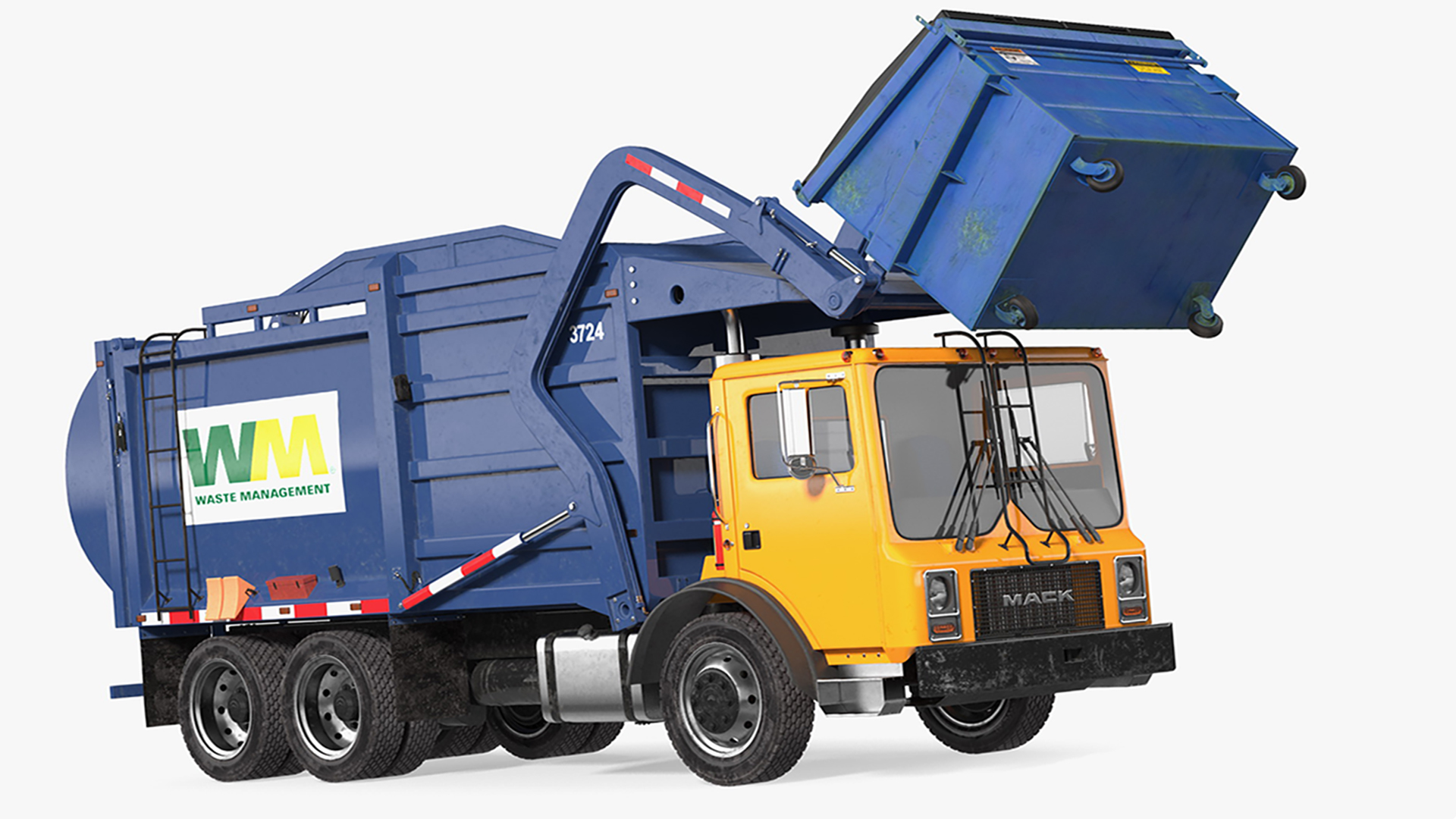 3D Mack Garbage Truck with Dumpster Blue Rigged for Cinema 4D model