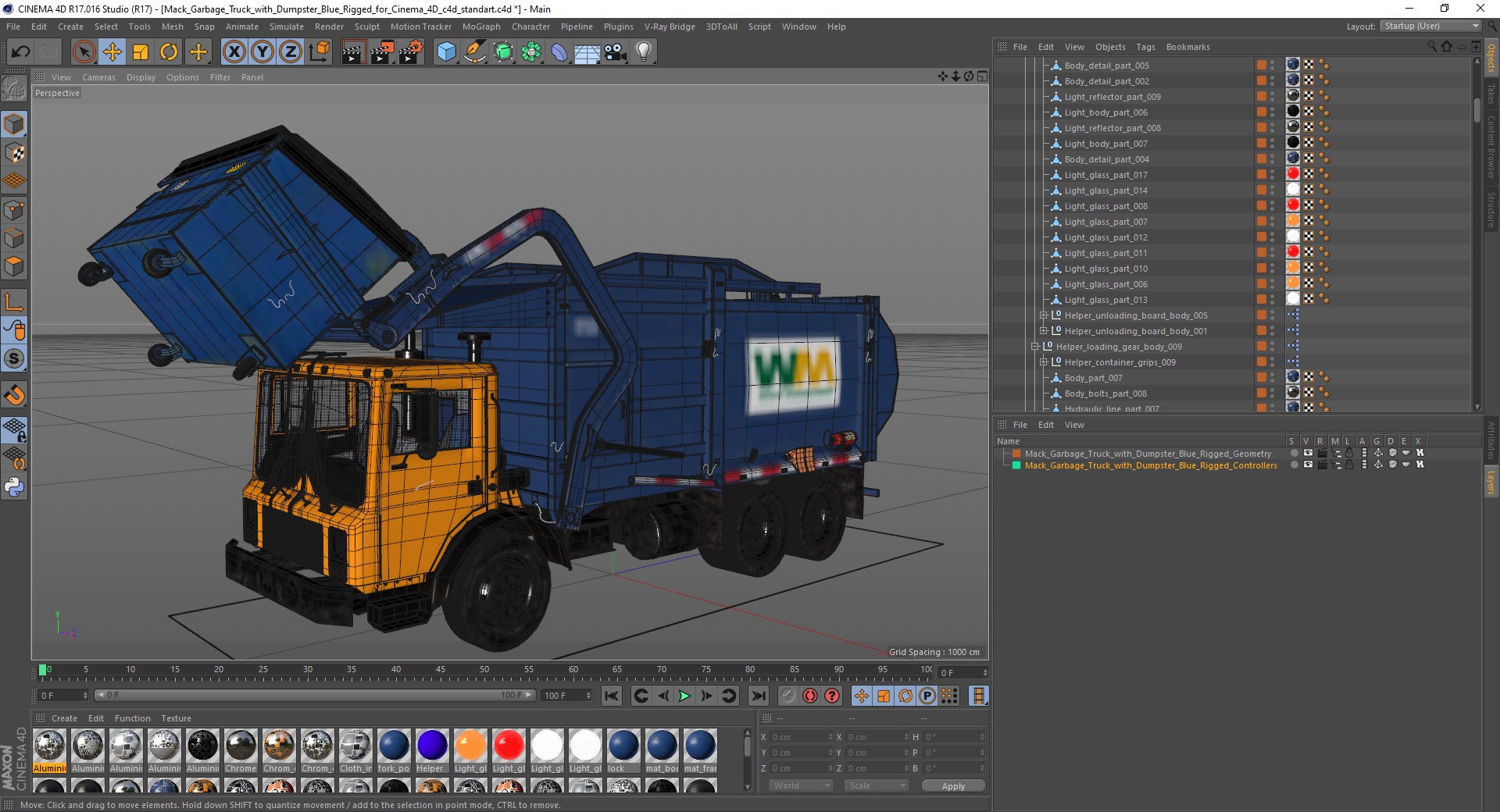 3D Mack Garbage Truck with Dumpster Blue Rigged for Cinema 4D model