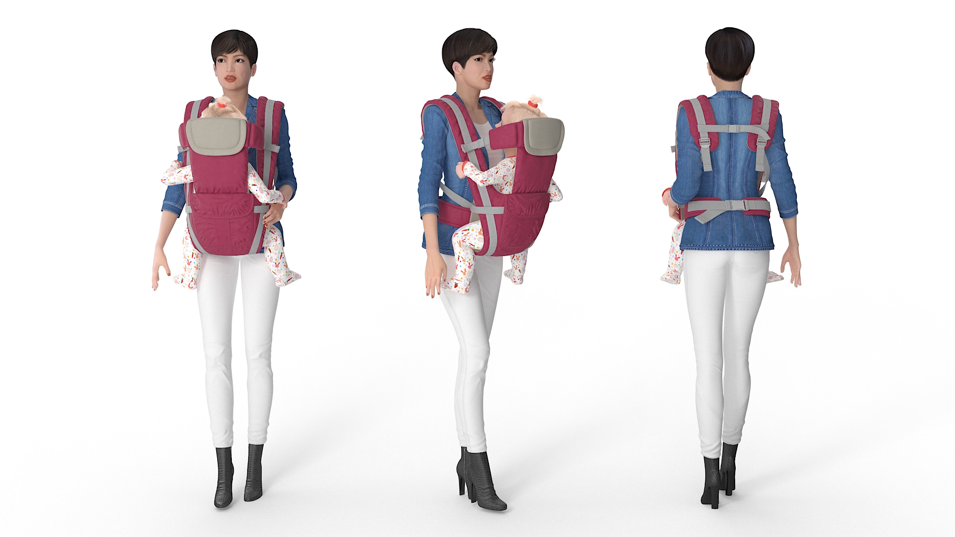 3D model Woman with Baby Girl in Carrier Fur