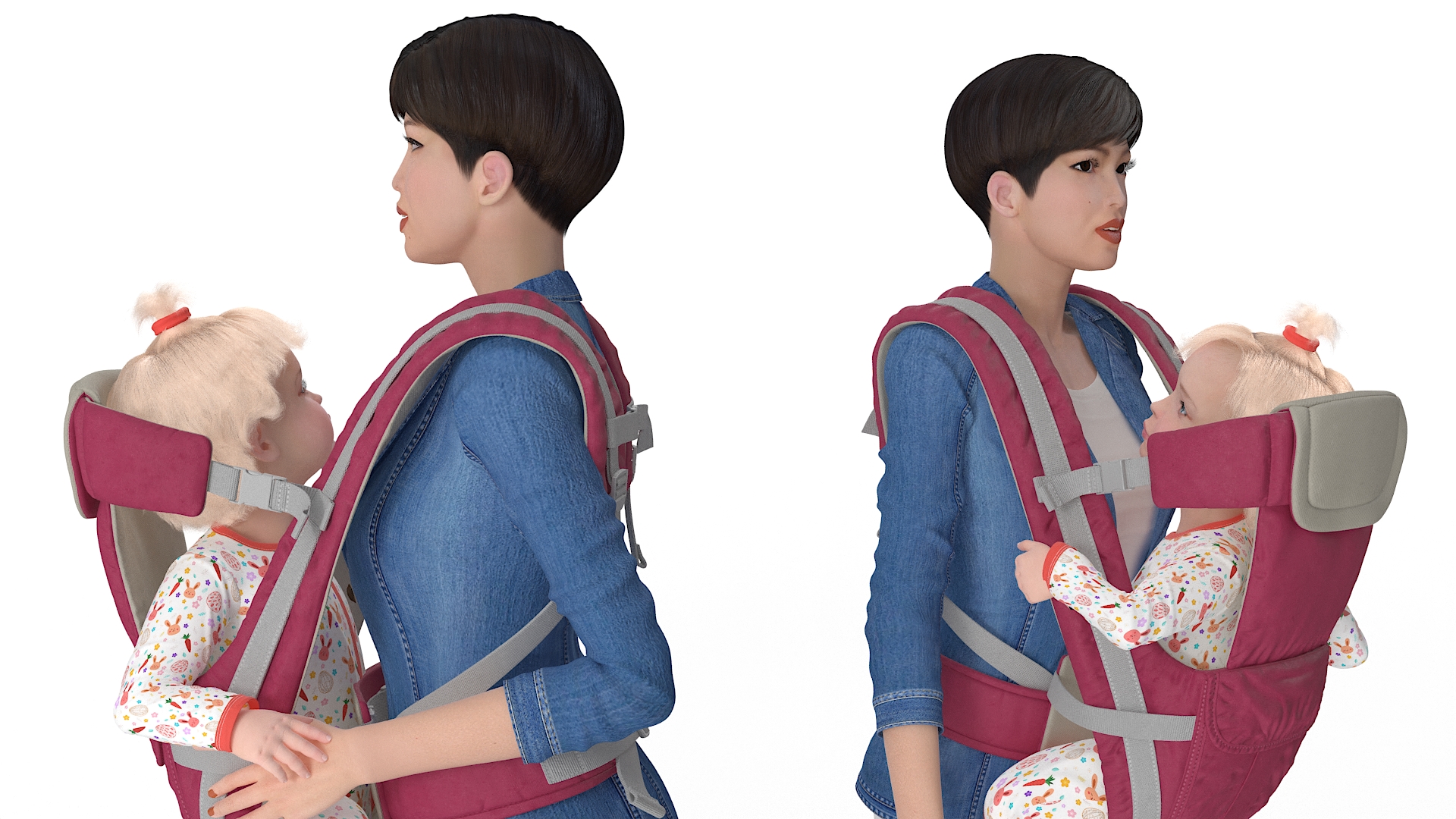 3D model Woman with Baby Girl in Carrier Fur