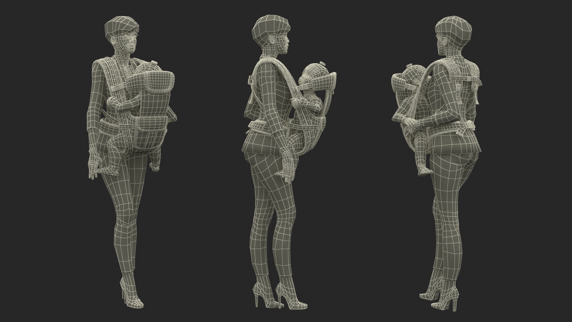 3D model Woman with Baby Girl in Carrier Fur