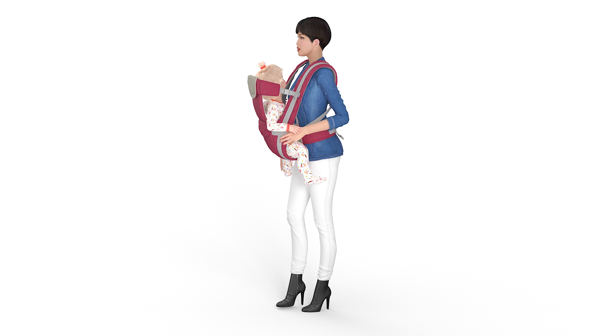 3D model Woman with Baby Girl in Carrier Fur