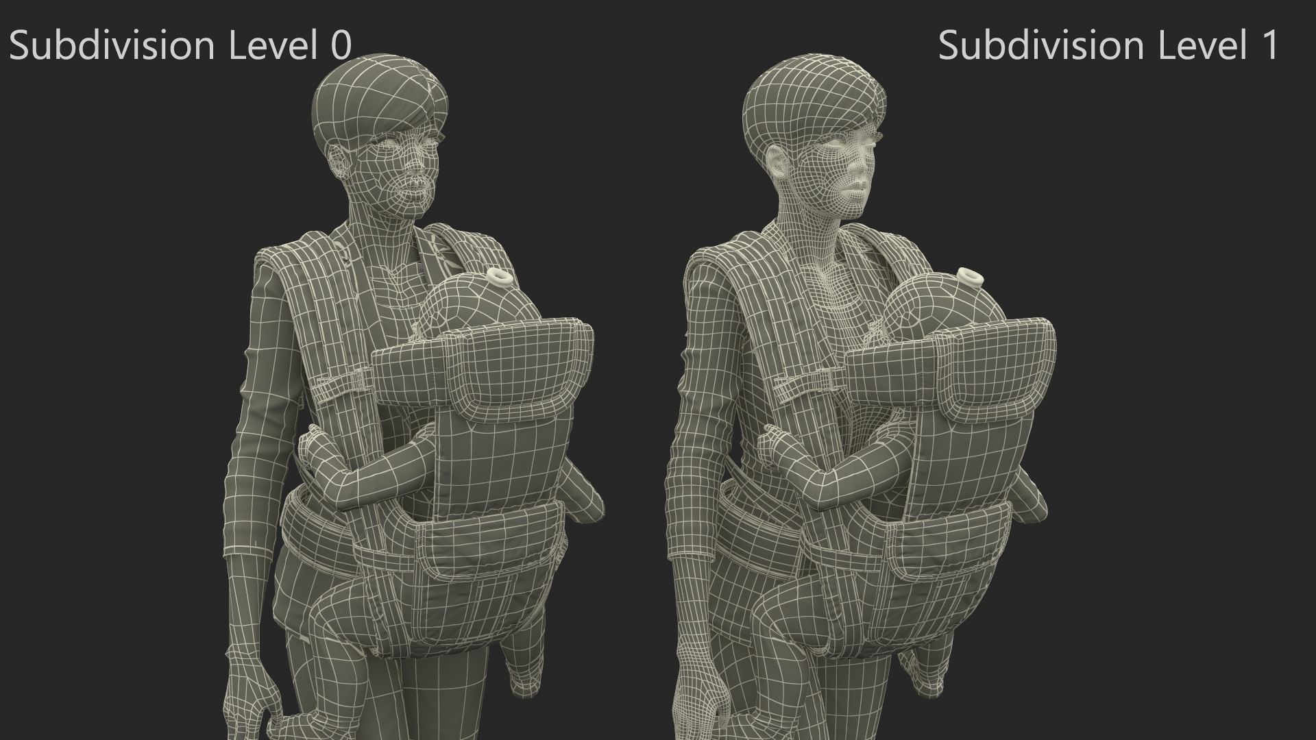 3D model Woman with Baby Girl in Carrier Fur