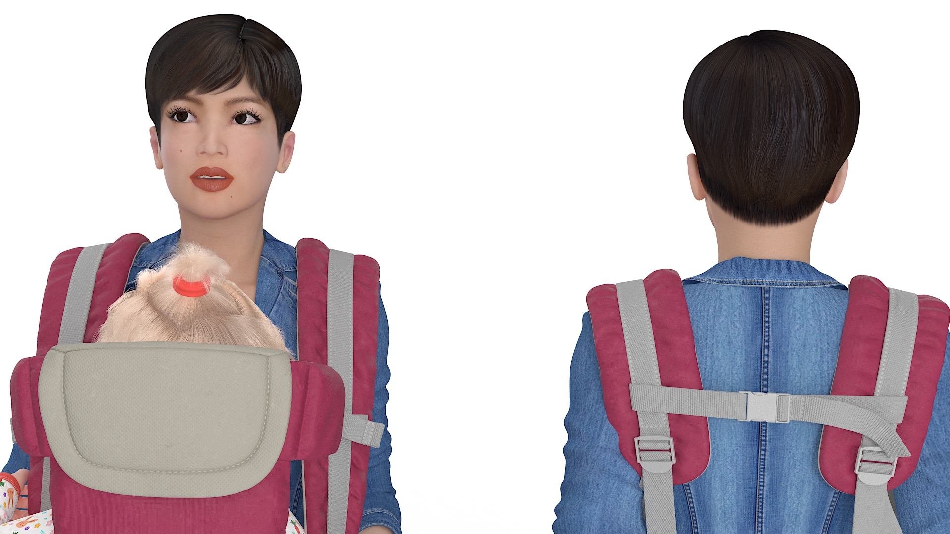3D model Woman with Baby Girl in Carrier Fur