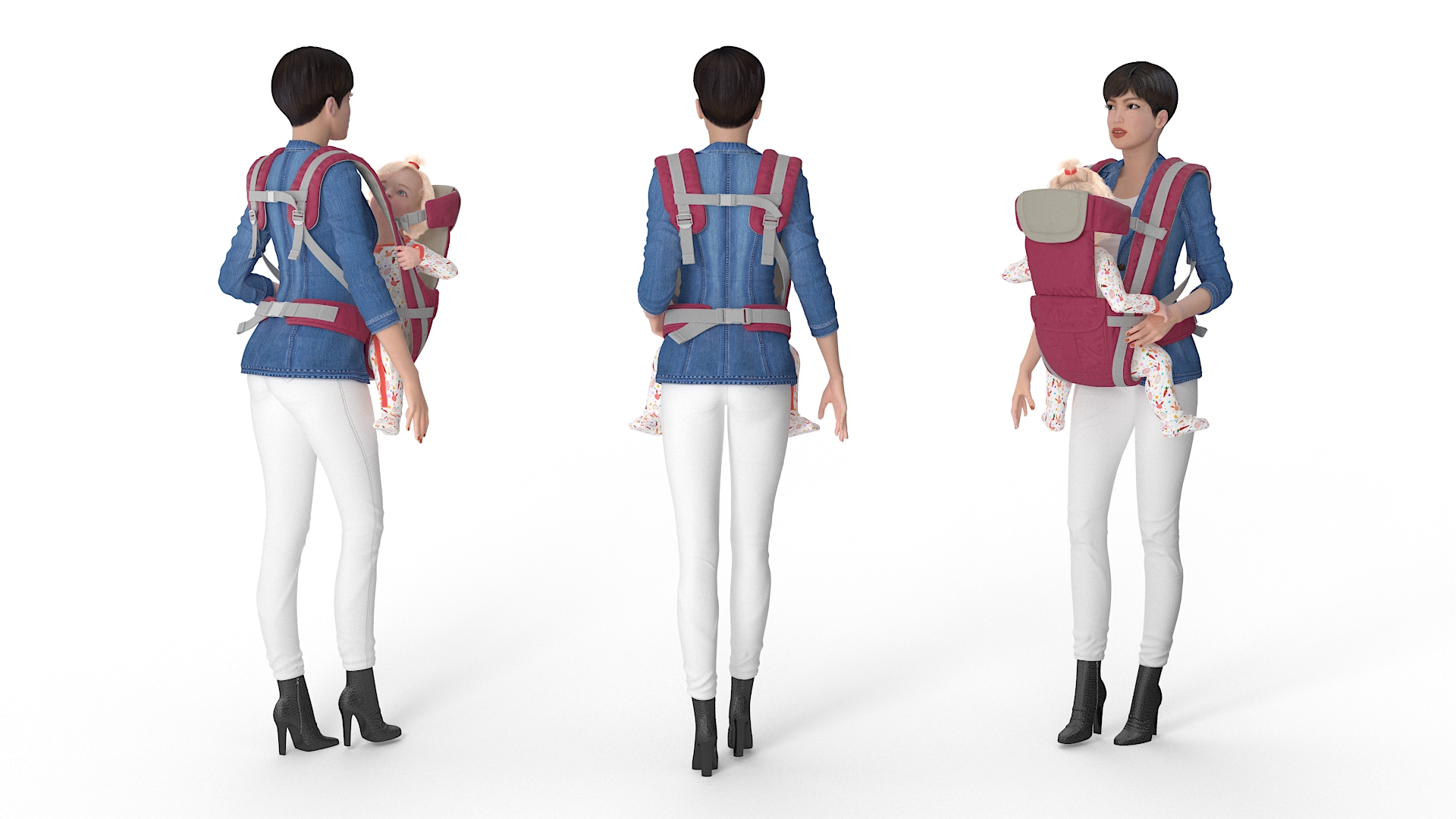 3D model Woman with Baby Girl in Carrier Fur