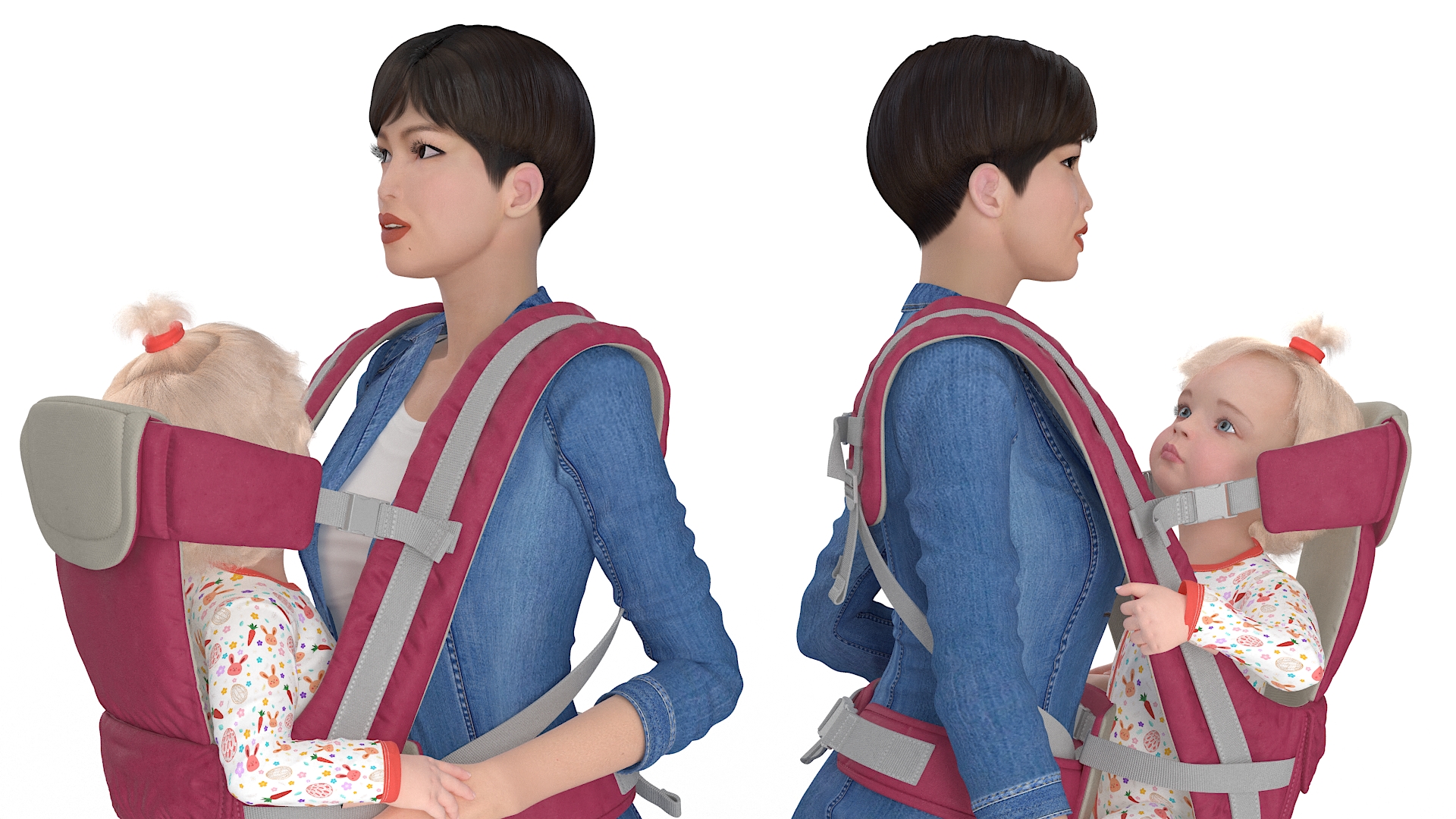 3D model Woman with Baby Girl in Carrier Fur