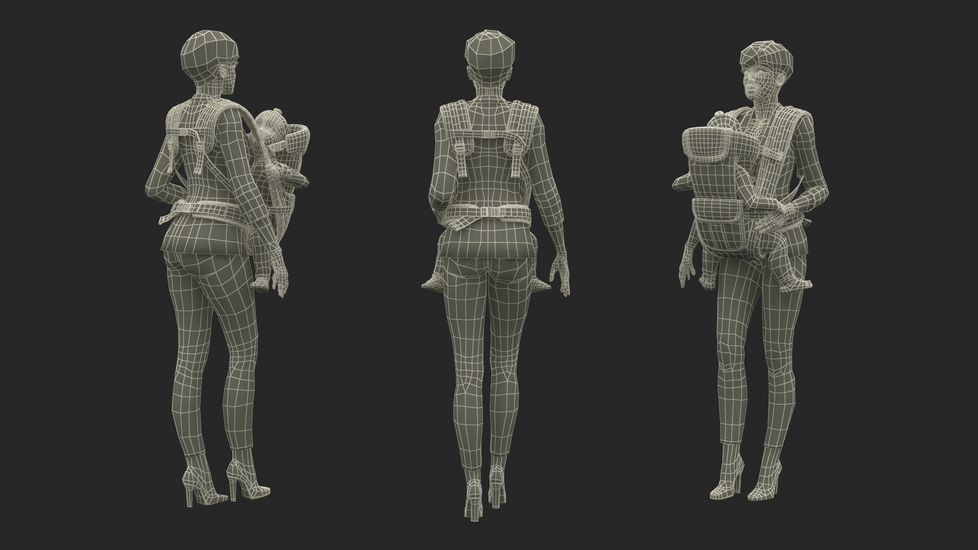 3D model Woman with Baby Girl in Carrier Fur