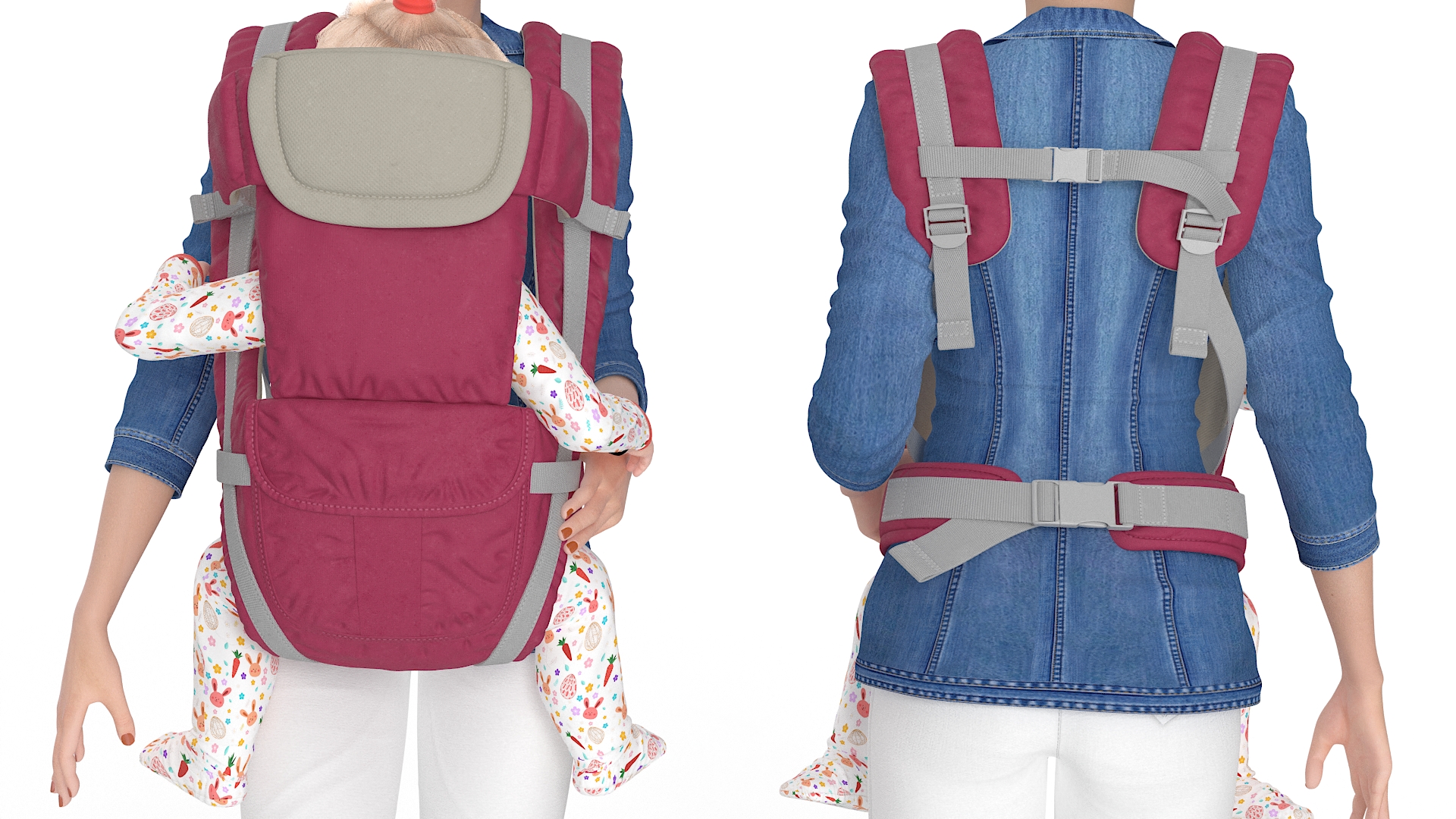 3D model Woman with Baby Girl in Carrier Fur