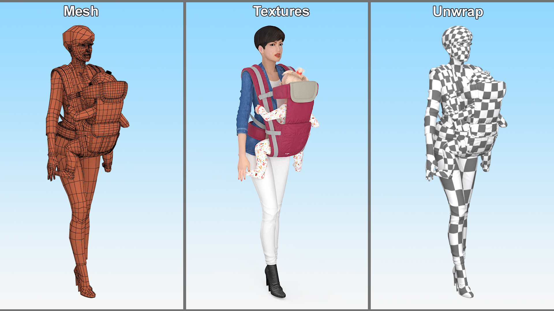 3D model Woman with Baby Girl in Carrier Fur