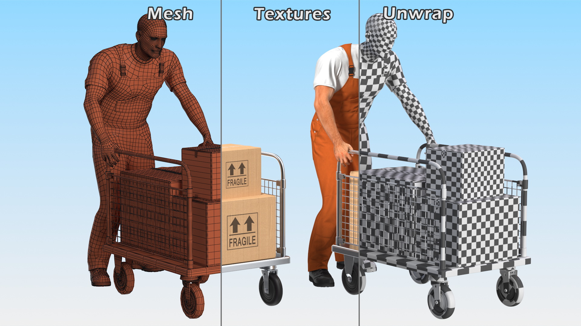 3D Worker with Platform Trolley Two Railing Cardboard Boxes Rigged Fur for Maya