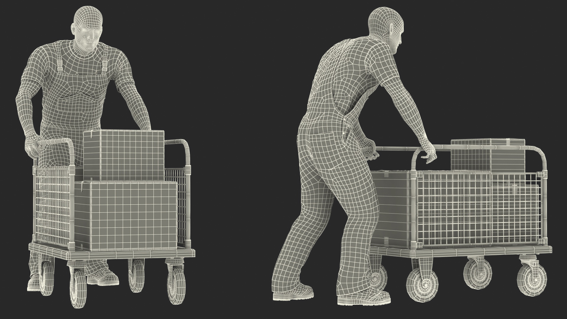 3D Worker with Platform Trolley Two Railing Cardboard Boxes Rigged Fur for Maya