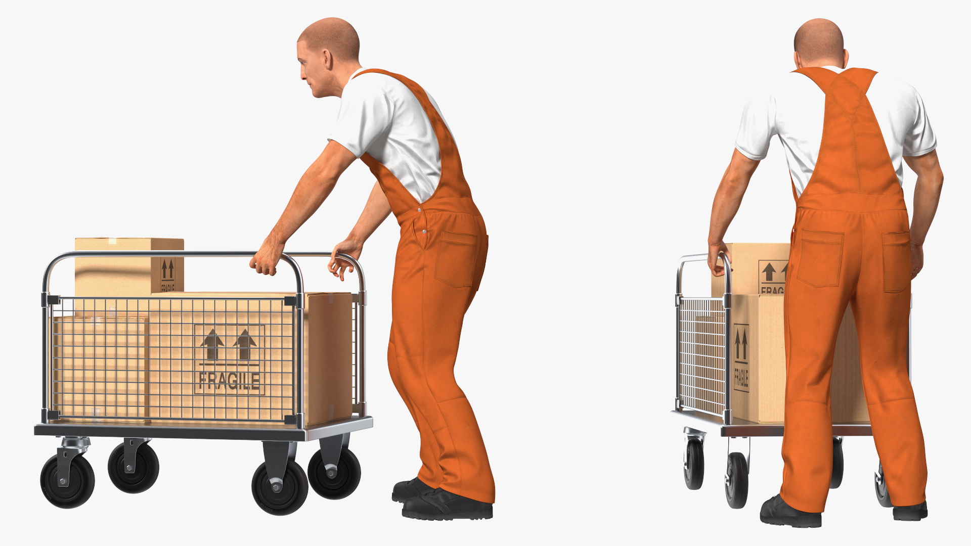 3D Worker with Platform Trolley Two Railing Cardboard Boxes Rigged Fur for Maya