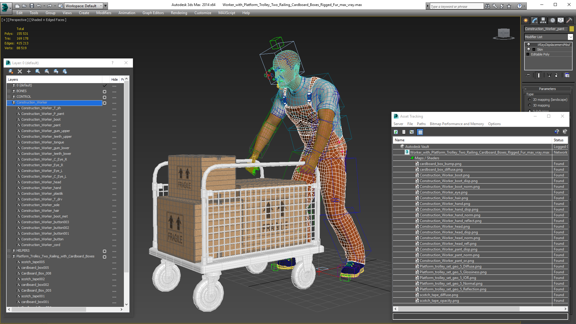 3D Worker with Platform Trolley Two Railing Cardboard Boxes Rigged Fur for Maya