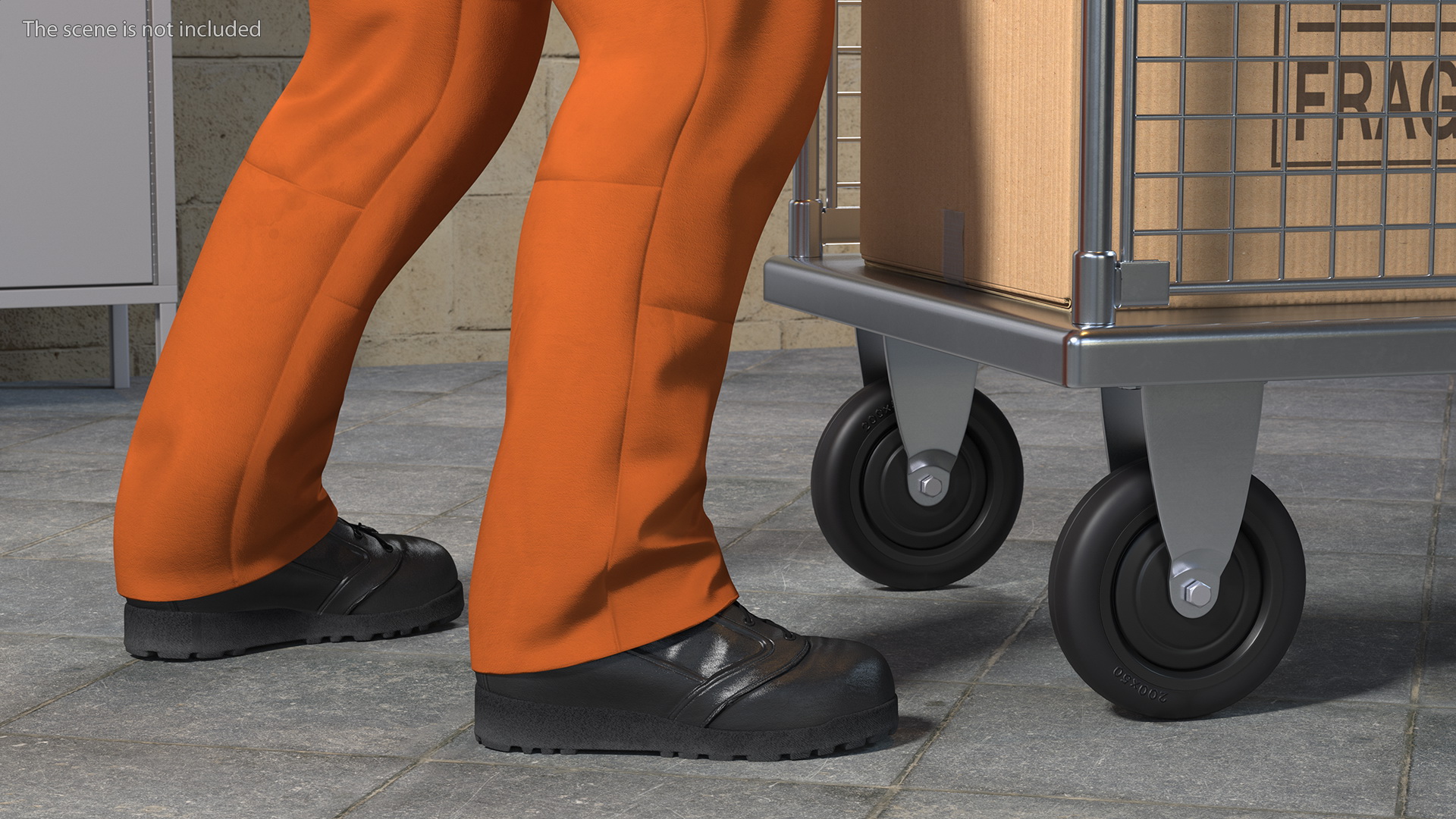 3D Worker with Platform Trolley Two Railing Cardboard Boxes Rigged Fur for Maya