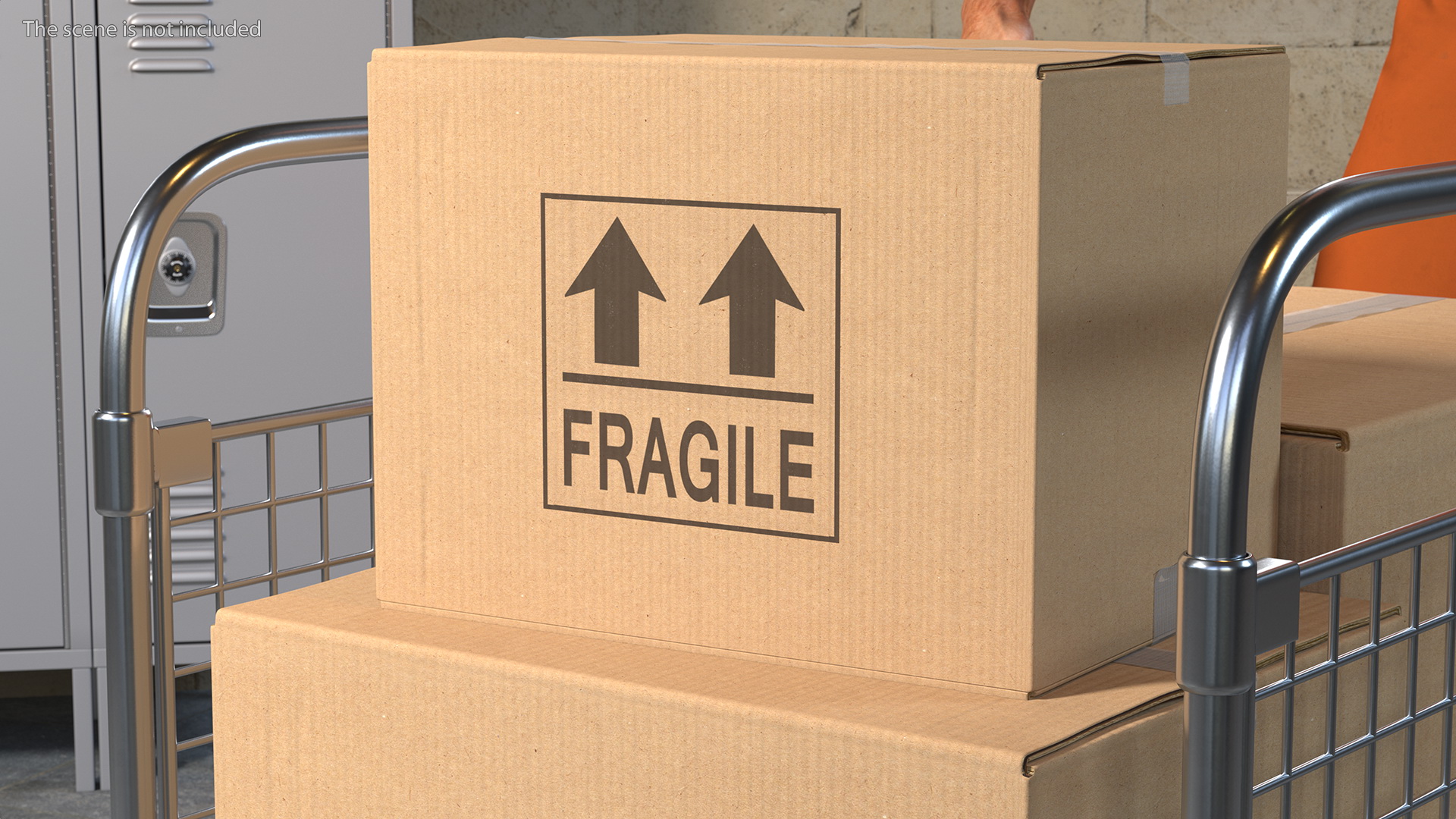 3D Worker with Platform Trolley Two Railing Cardboard Boxes Rigged Fur for Maya