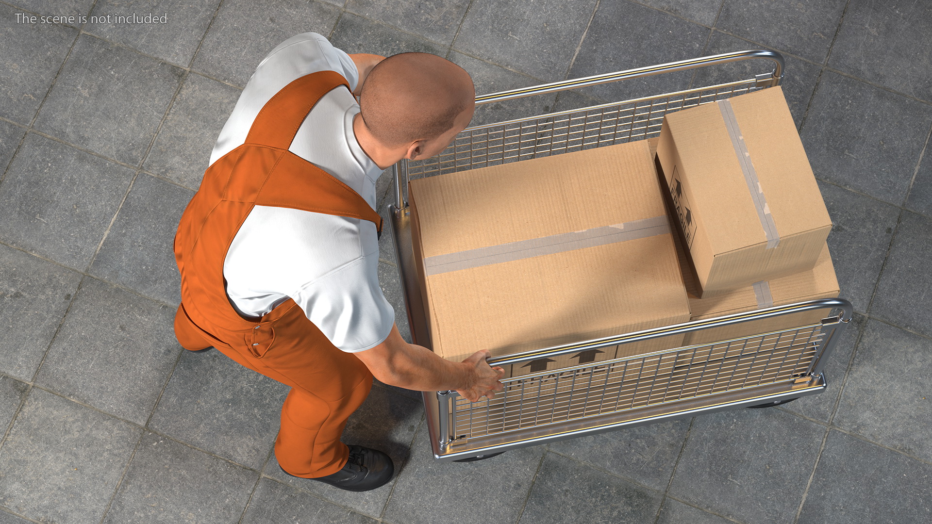 3D Worker with Platform Trolley Two Railing Cardboard Boxes Rigged Fur for Maya