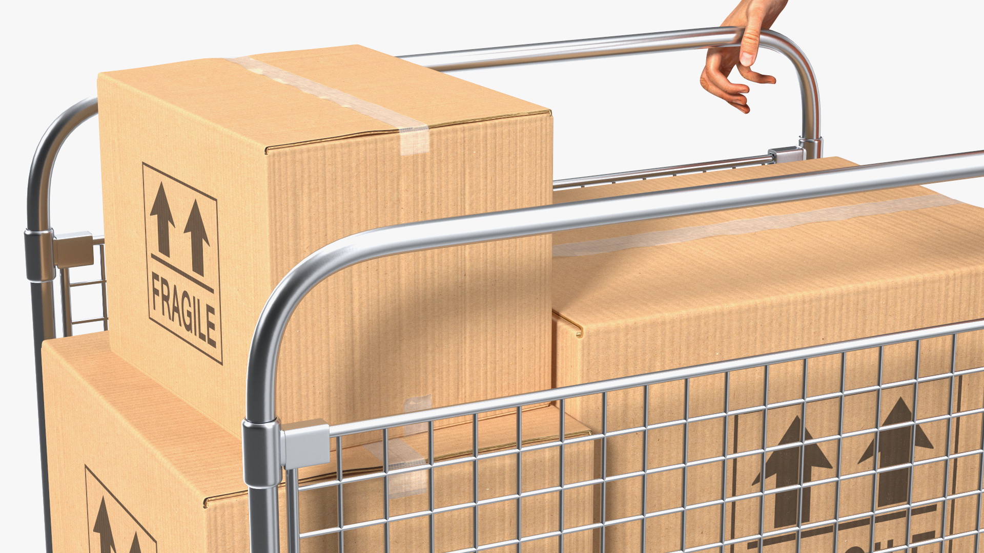 3D Worker with Platform Trolley Two Railing Cardboard Boxes Rigged Fur for Maya