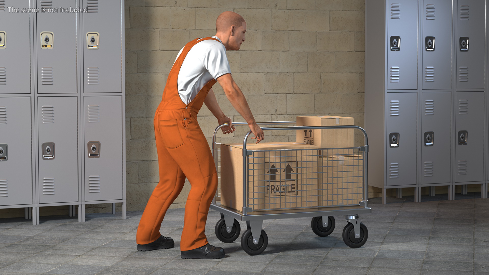 3D Worker with Platform Trolley Two Railing Cardboard Boxes Rigged Fur for Maya