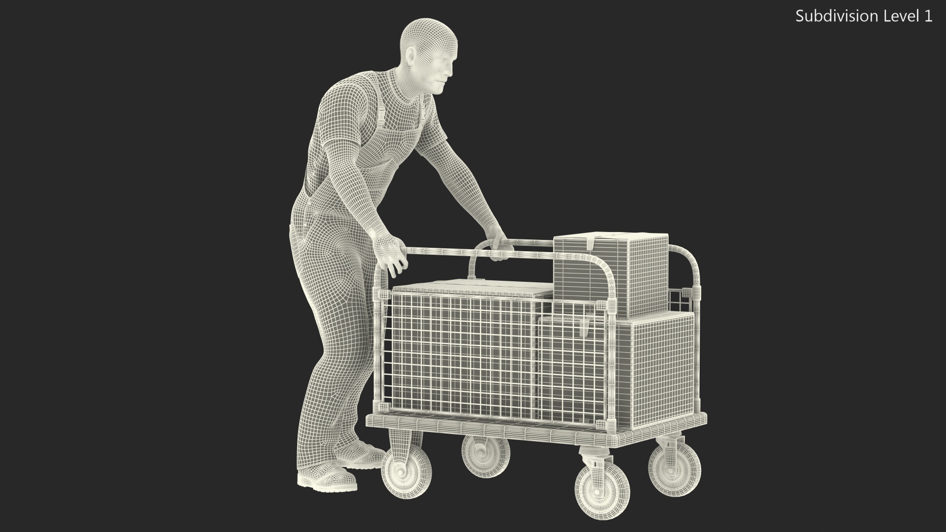 3D Worker with Platform Trolley Two Railing Cardboard Boxes Rigged Fur for Maya