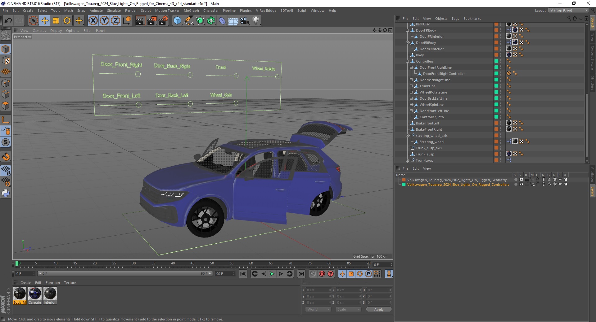 Volkswagen Touareg 2024 Blue Lights On Rigged for Cinema 4D 3D model