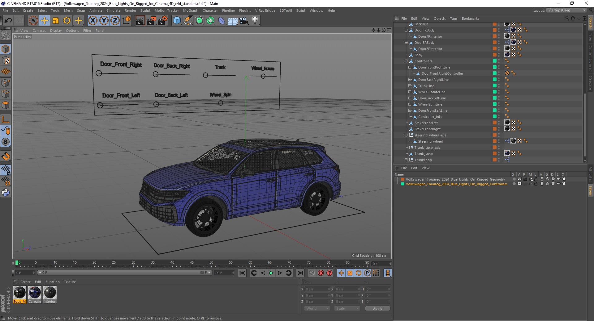 Volkswagen Touareg 2024 Blue Lights On Rigged for Cinema 4D 3D model