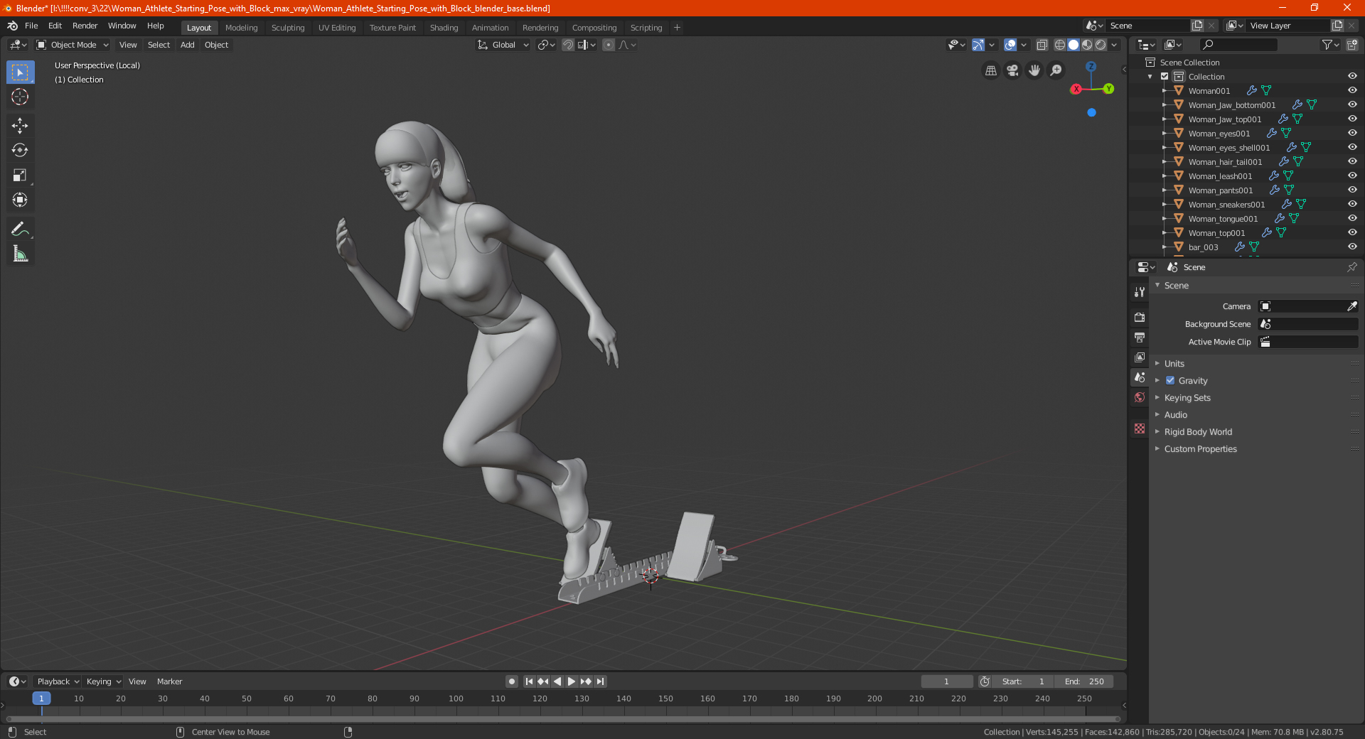 3D Woman Athlete Starting Pose with Block model