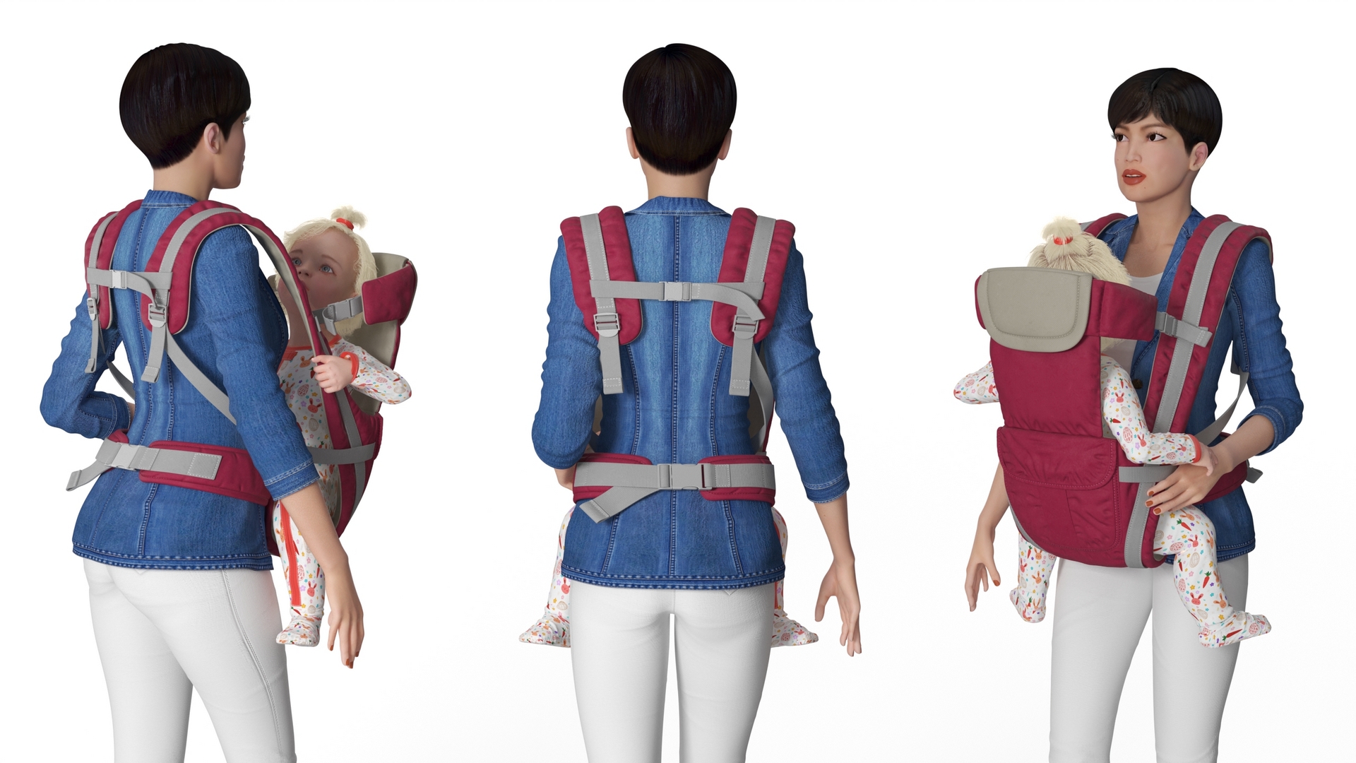3D Woman with Little Girl in Carrier model