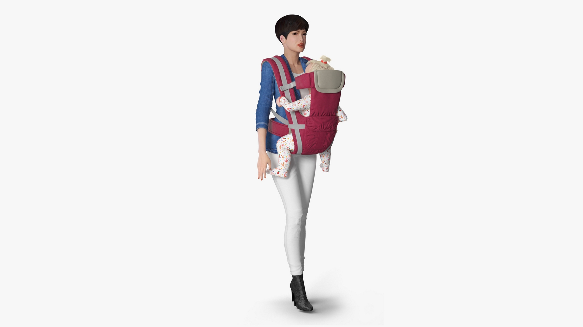 3D Woman with Little Girl in Carrier model