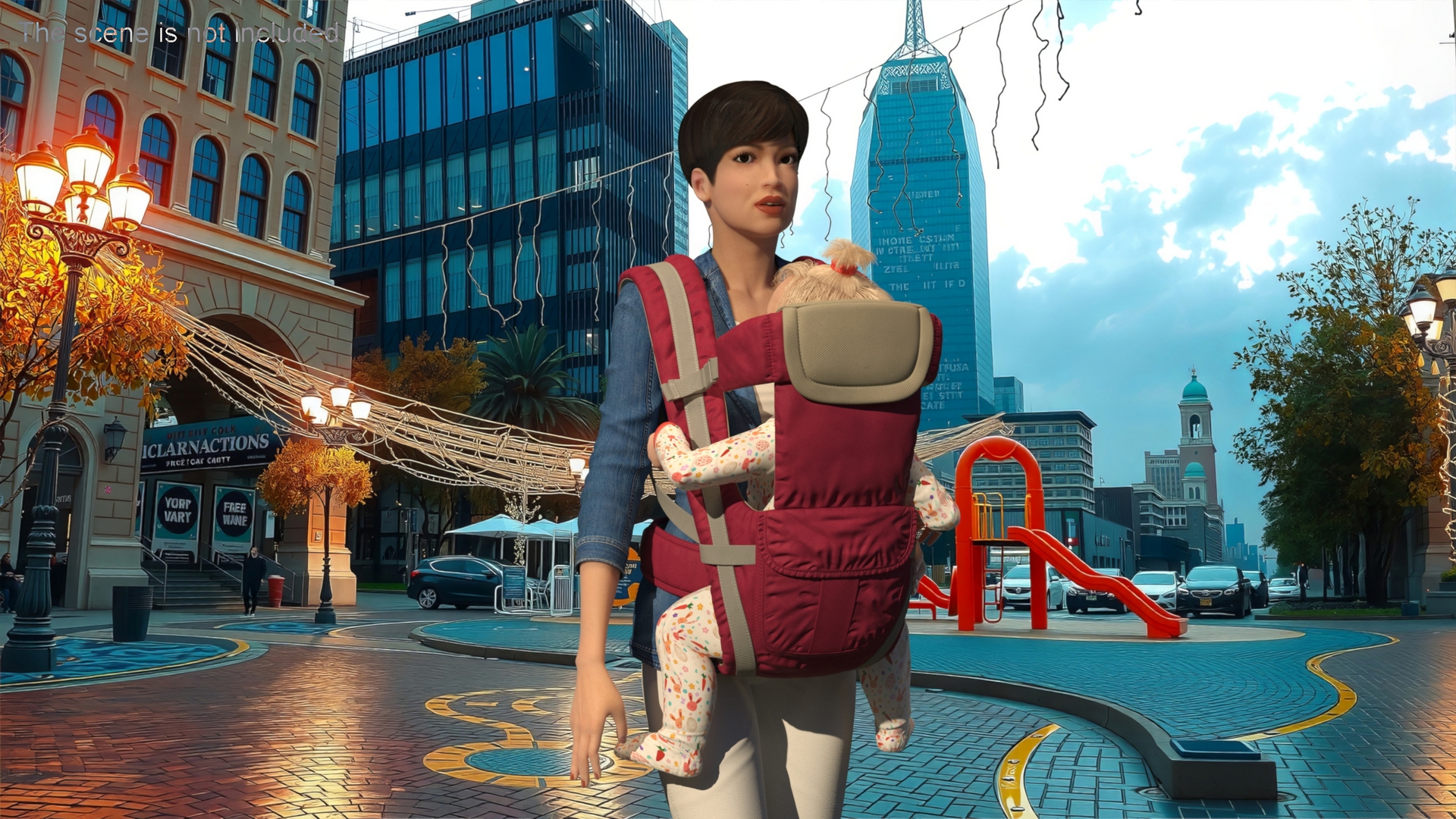 3D Woman with Little Girl in Carrier model