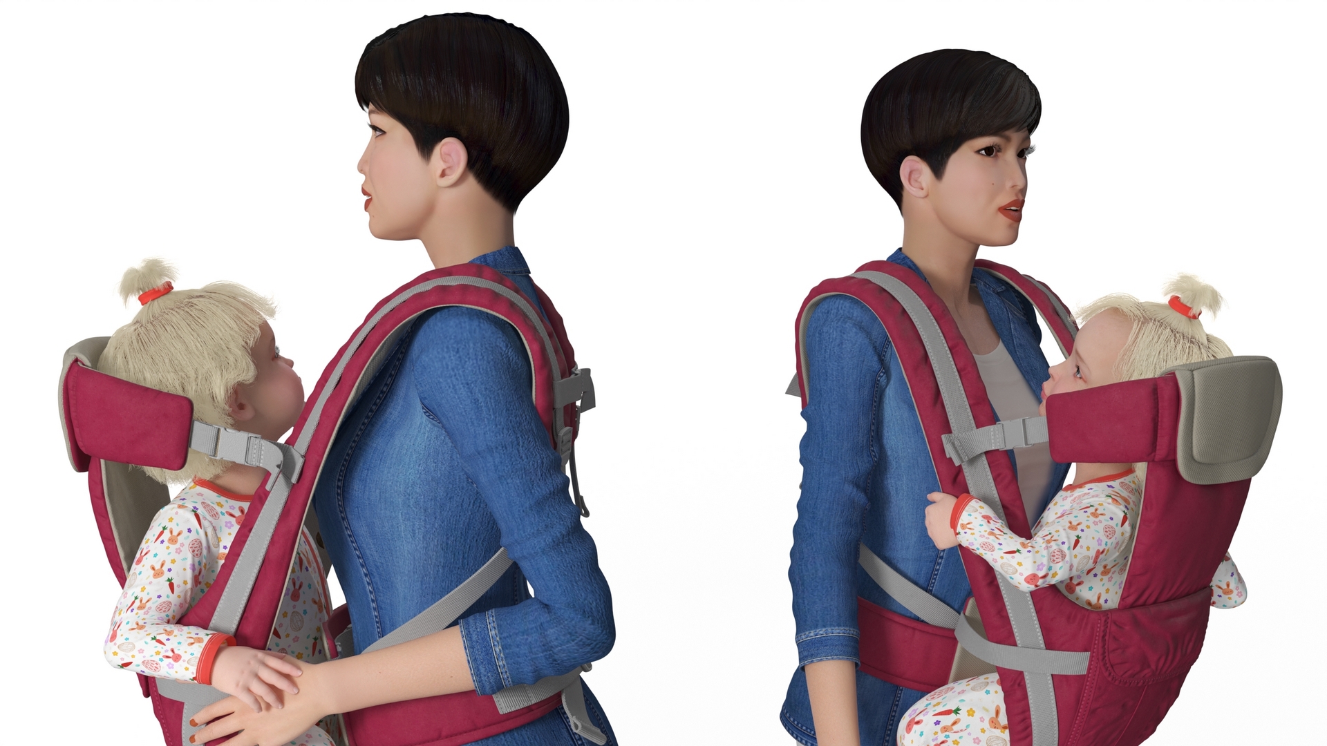 3D Woman with Little Girl in Carrier model