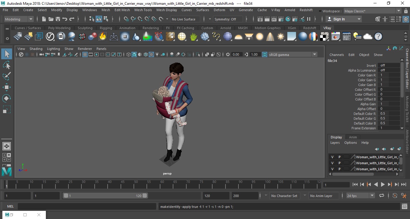 3D Woman with Little Girl in Carrier model