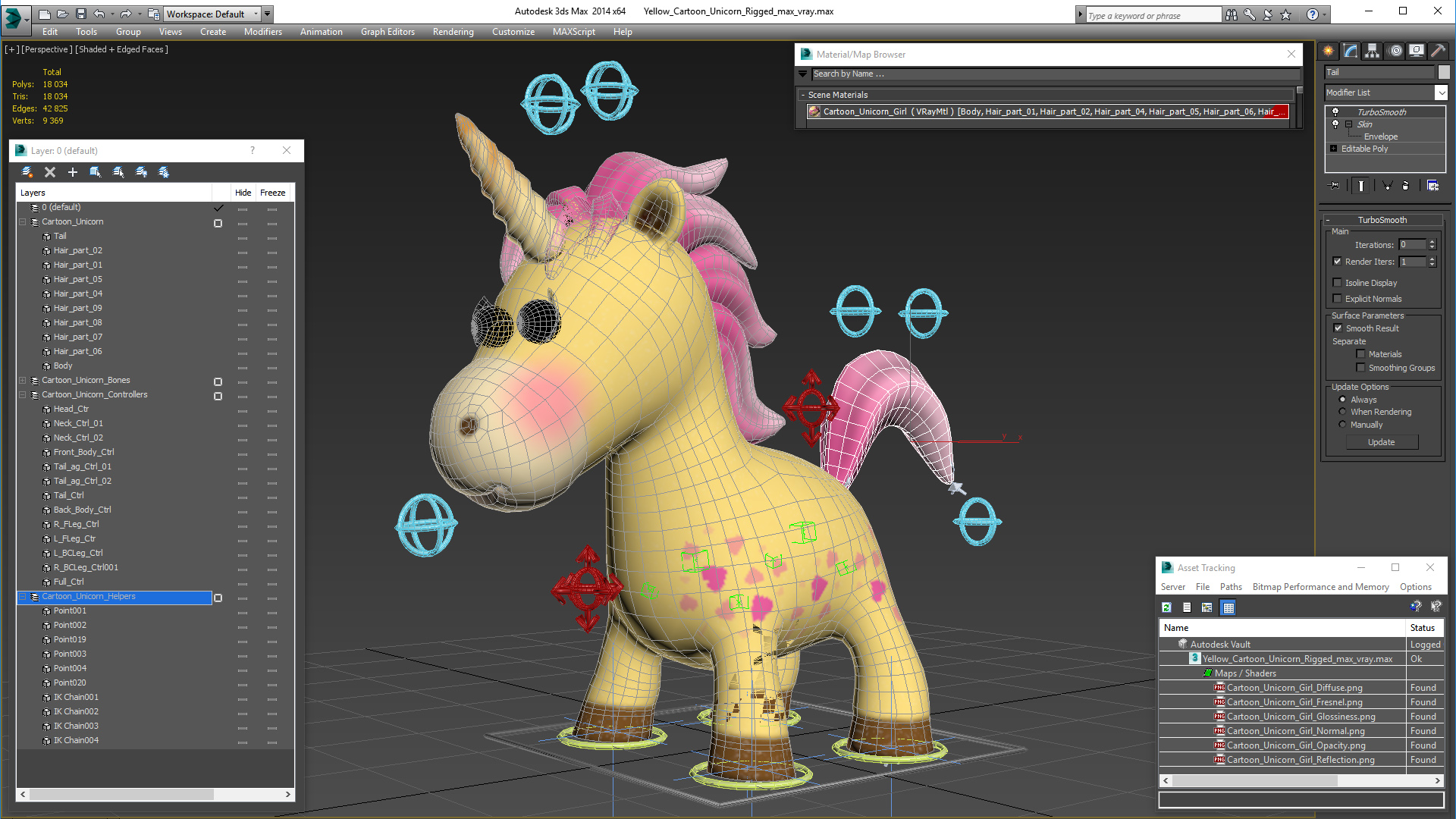 Yellow Cartoon Unicorn Rigged 3D model