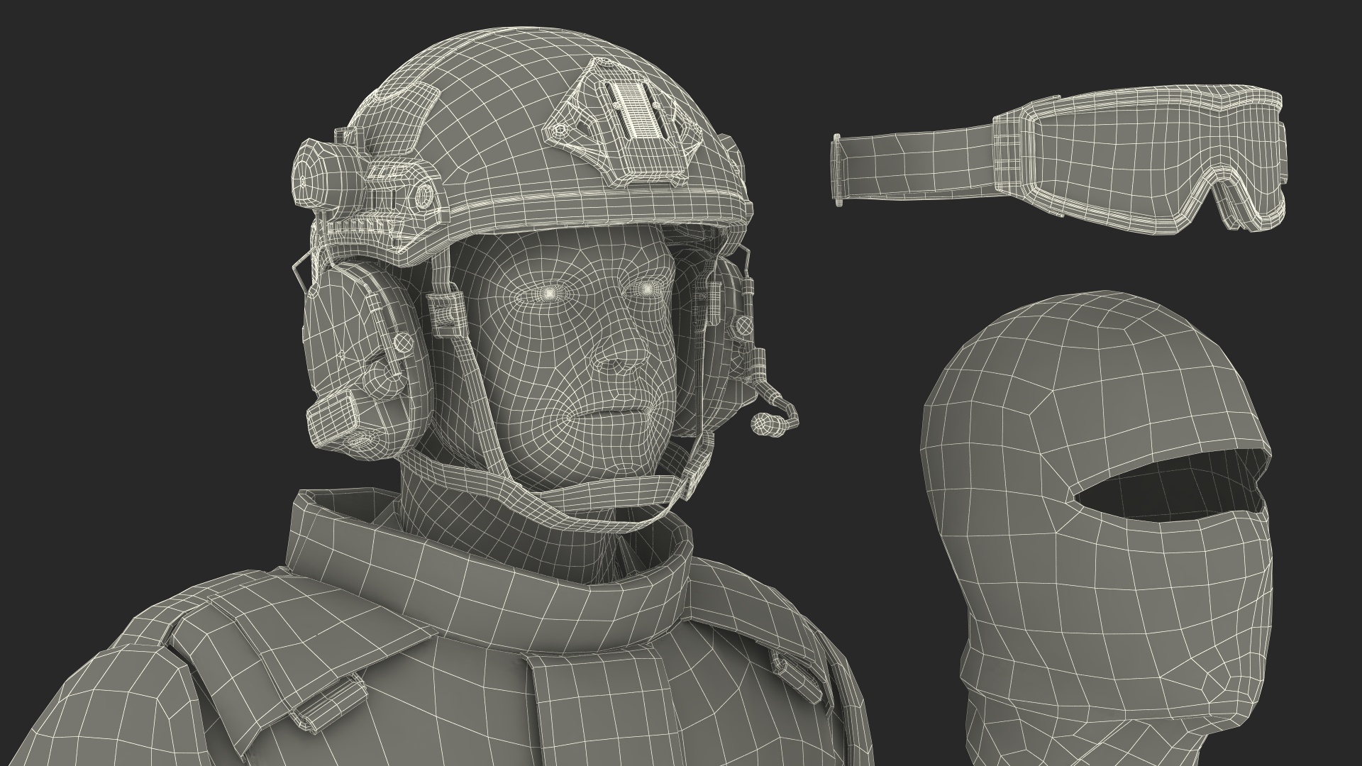 3D model Soldier in Grey Tactical Gear with Goggles Standing Fur