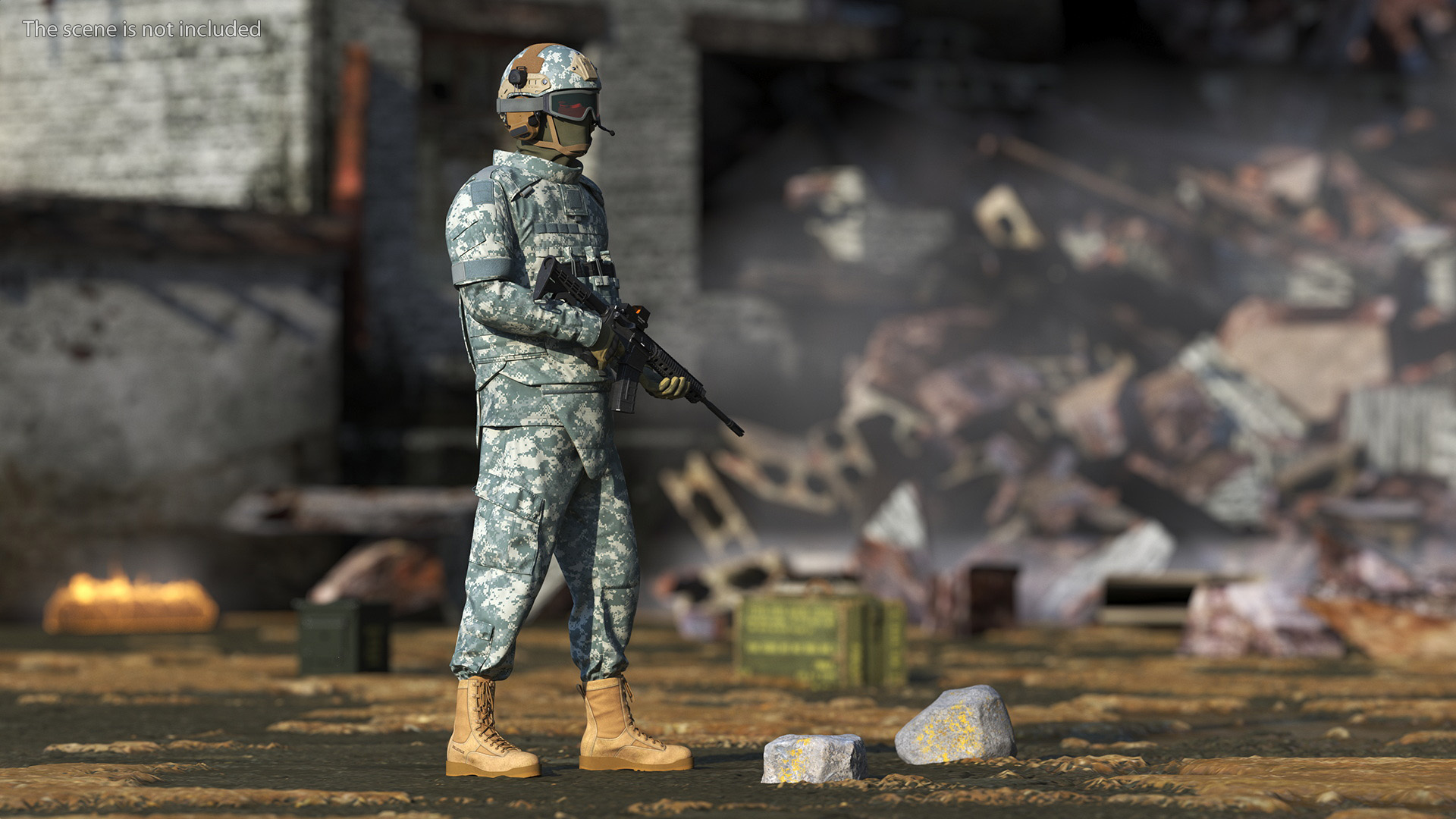 3D model Soldier in Grey Tactical Gear with Goggles Standing Fur
