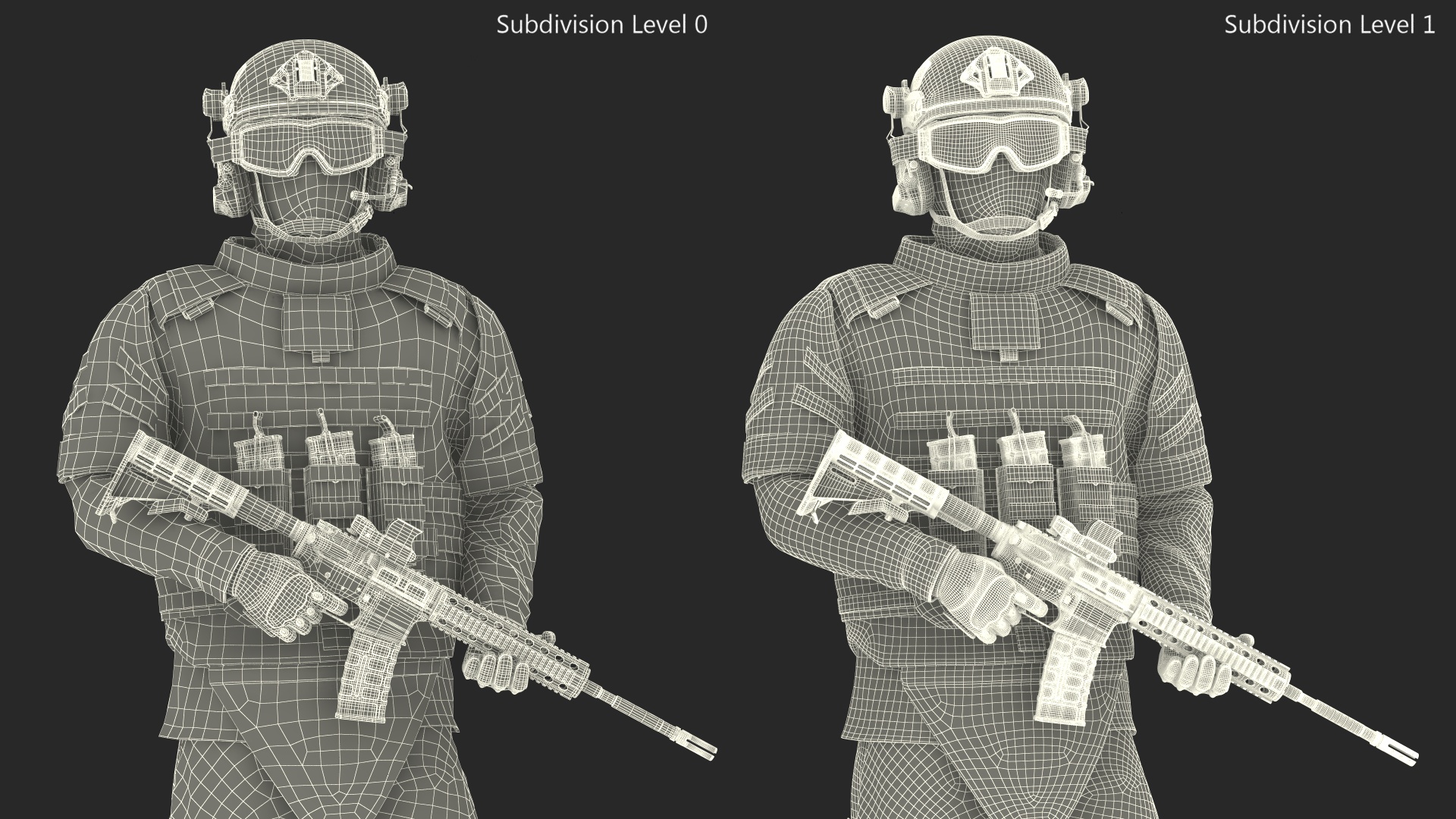 3D model Soldier in Grey Tactical Gear with Goggles Standing Fur