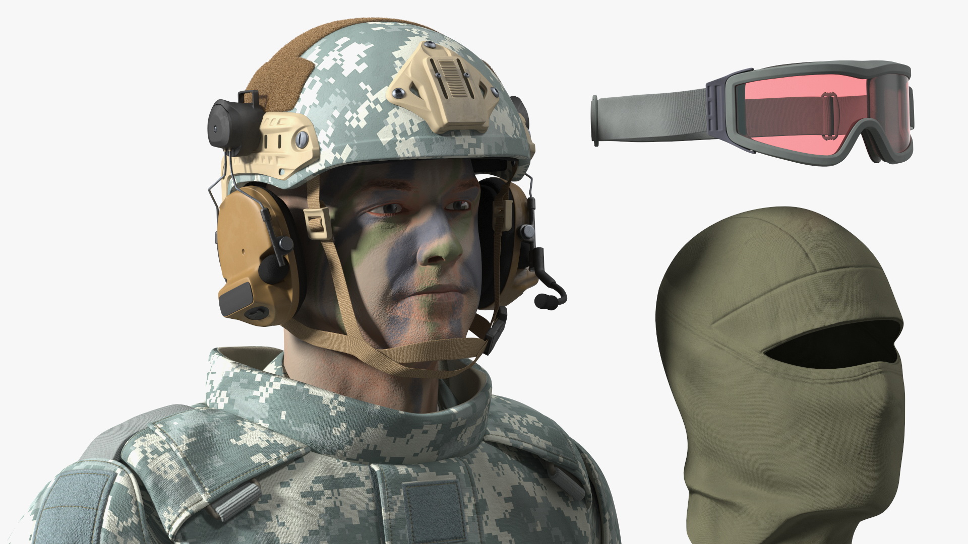 3D model Soldier in Grey Tactical Gear with Goggles Standing Fur