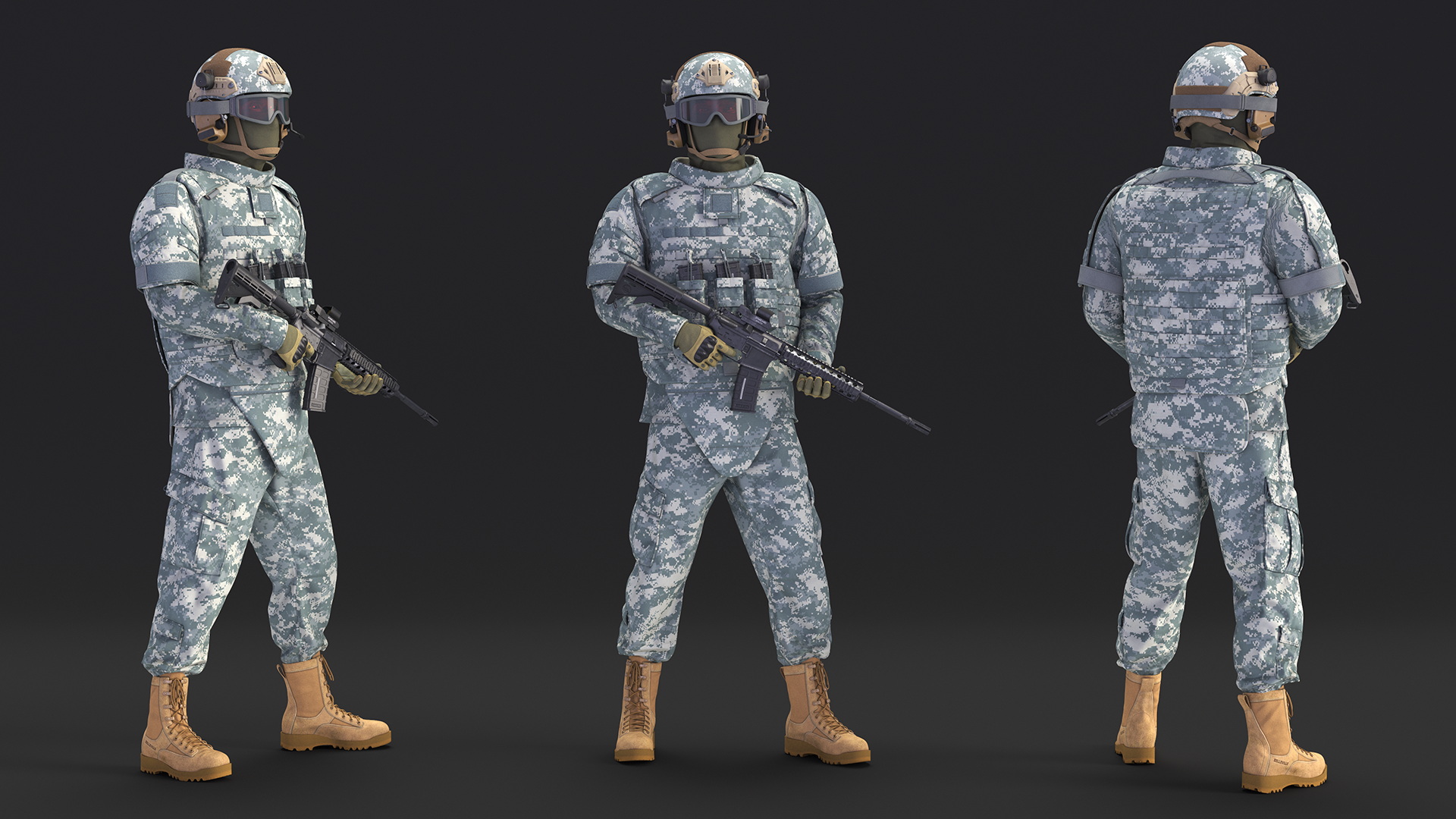 3D model Soldier in Grey Tactical Gear with Goggles Standing Fur