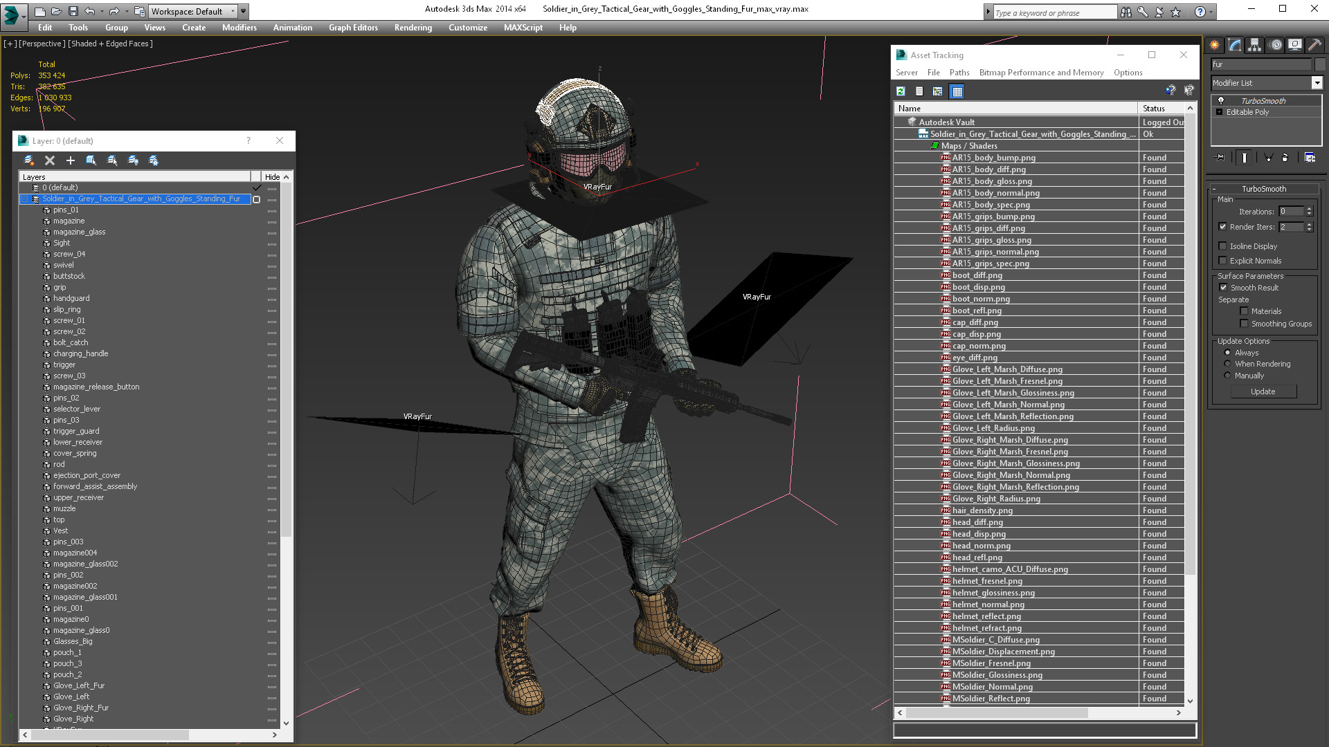 3D model Soldier in Grey Tactical Gear with Goggles Standing Fur