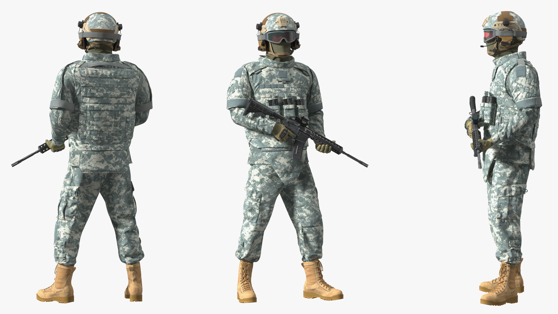 3D model Soldier in Grey Tactical Gear with Goggles Standing Fur