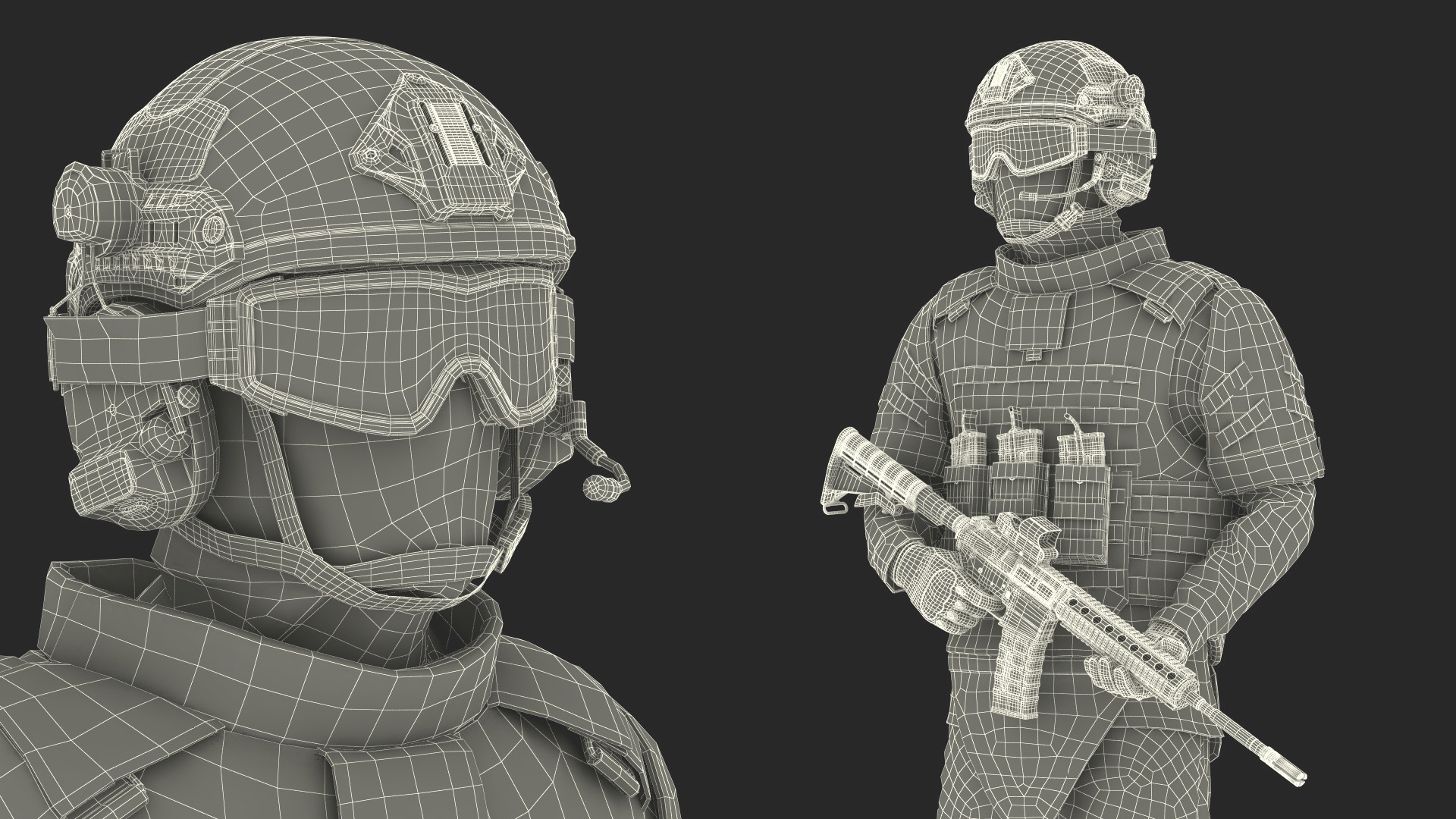 3D model Soldier in Grey Tactical Gear with Goggles Standing Fur