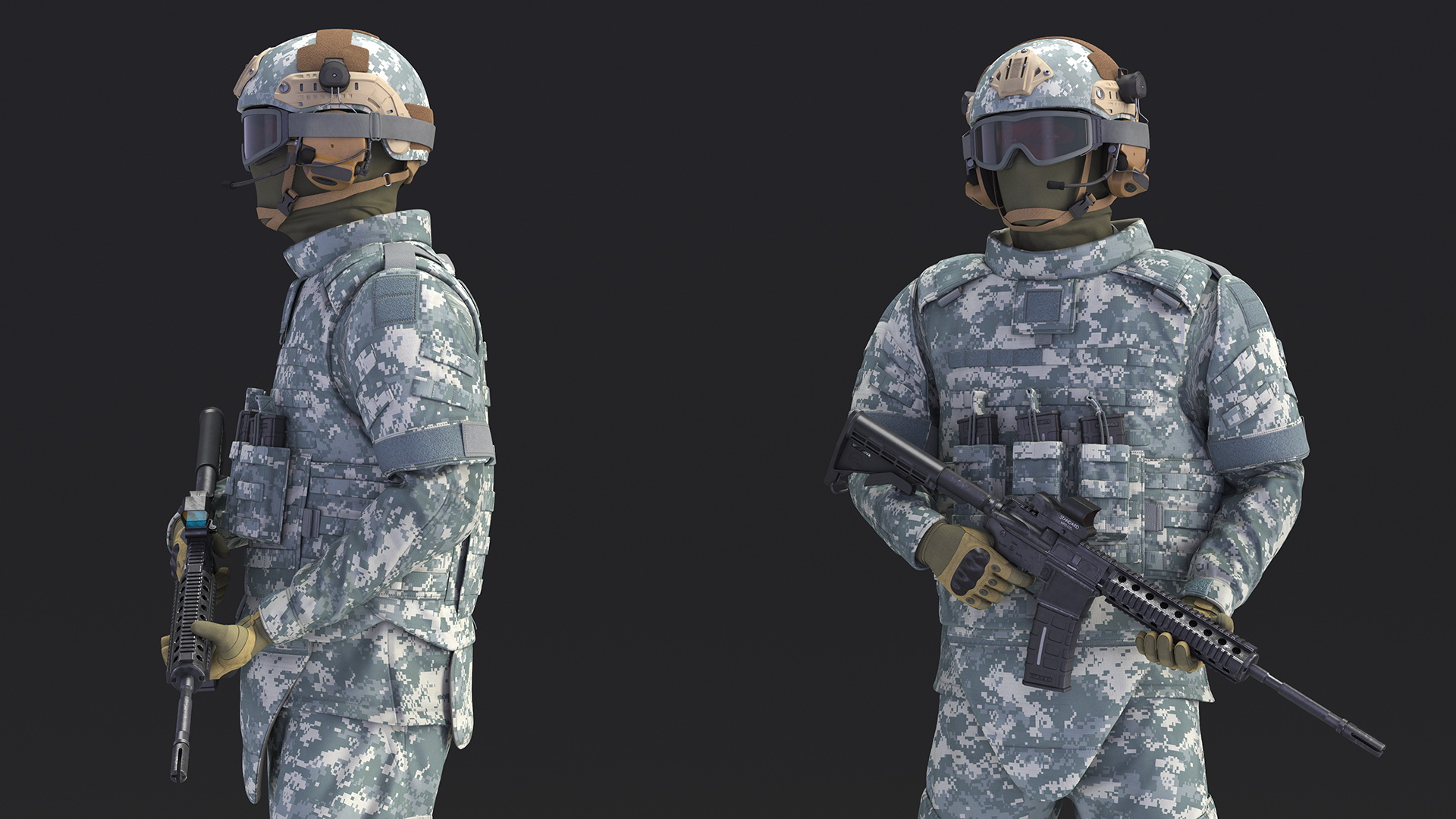 3D model Soldier in Grey Tactical Gear with Goggles Standing Fur
