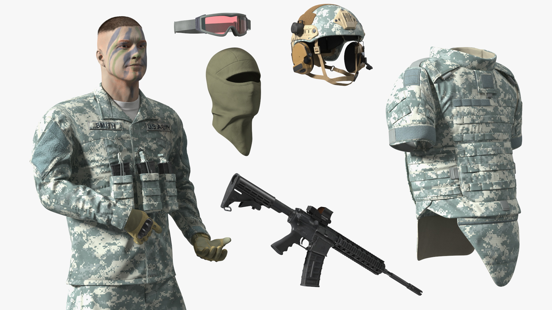 3D model Soldier in Grey Tactical Gear with Goggles Standing Fur