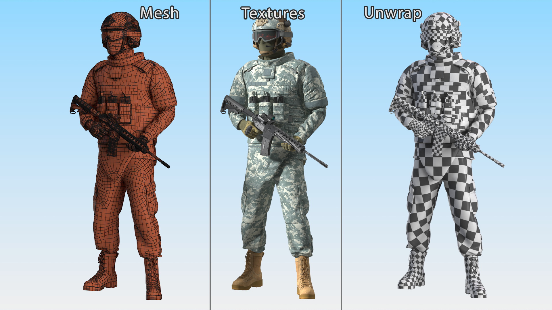 3D model Soldier in Grey Tactical Gear with Goggles Standing Fur