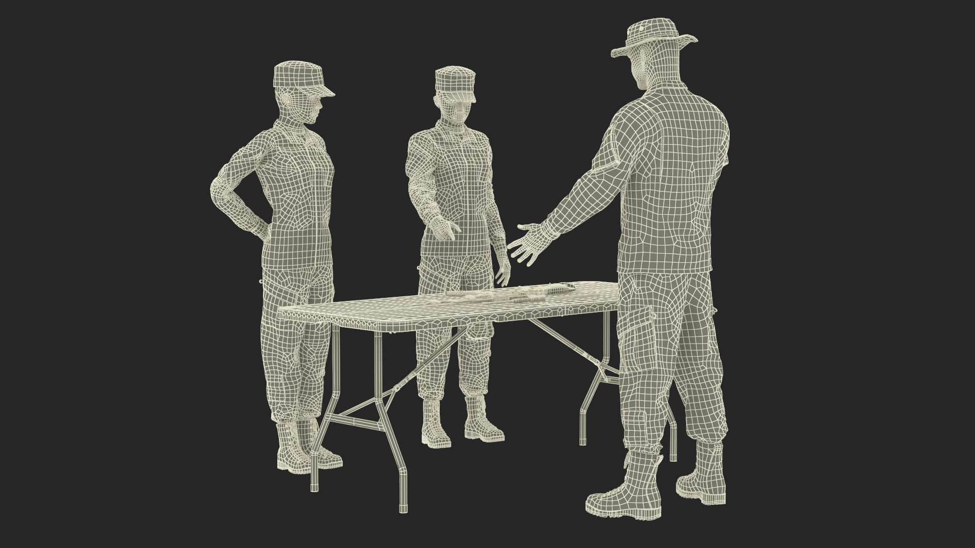 3D Military Personnel Discussing Weapons Fur