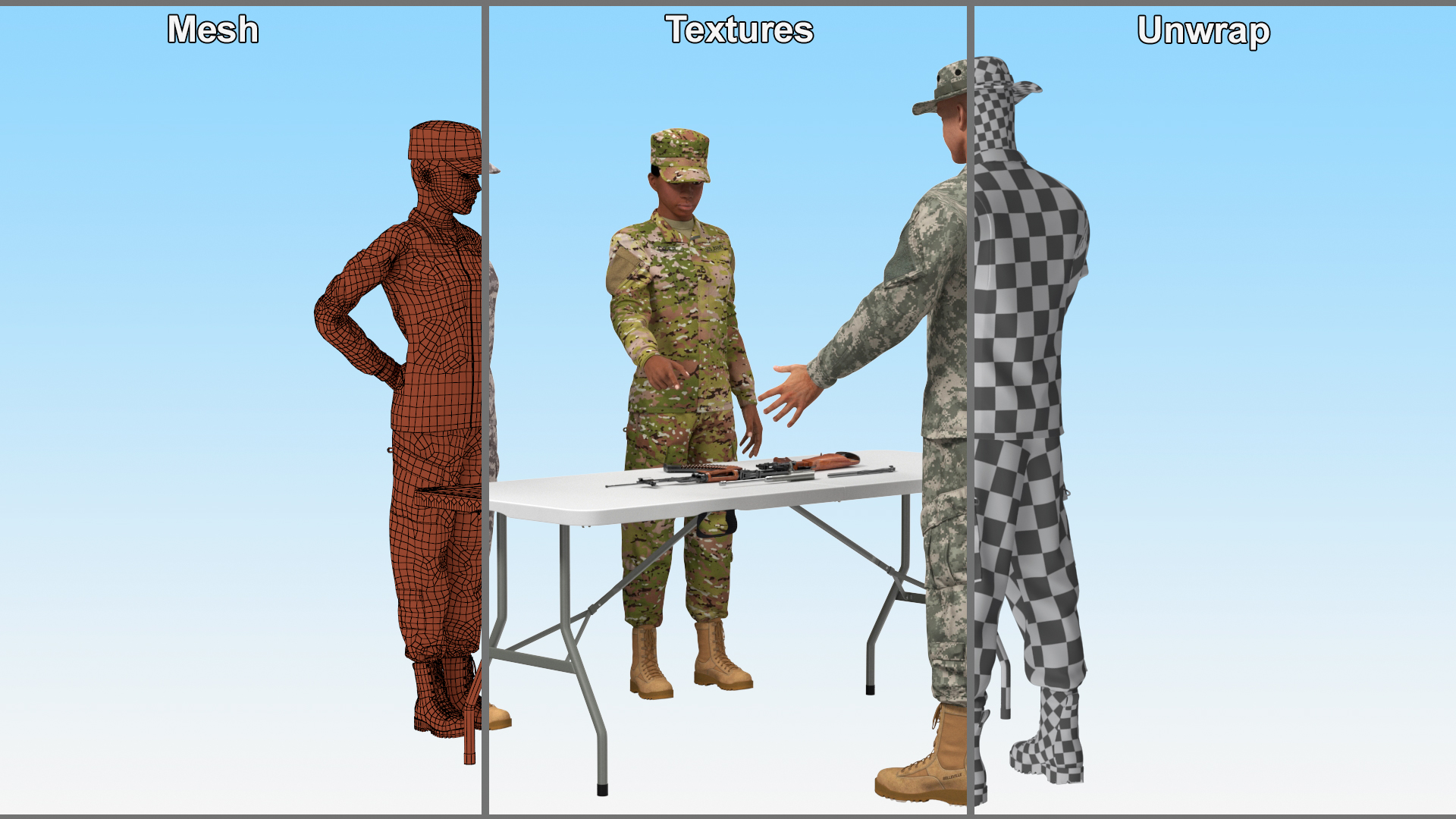 3D Military Personnel Discussing Weapons Fur
